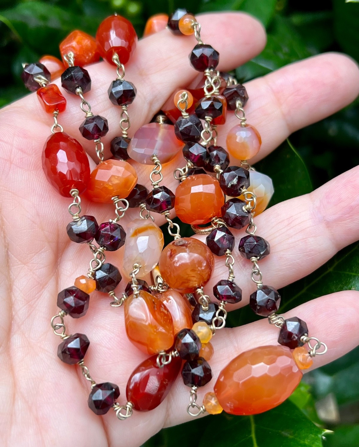 VINTAGE AGATE RHODOLITE GARNET 925 STERLING SLVR LONG STATION STATEMENT NECKLACE