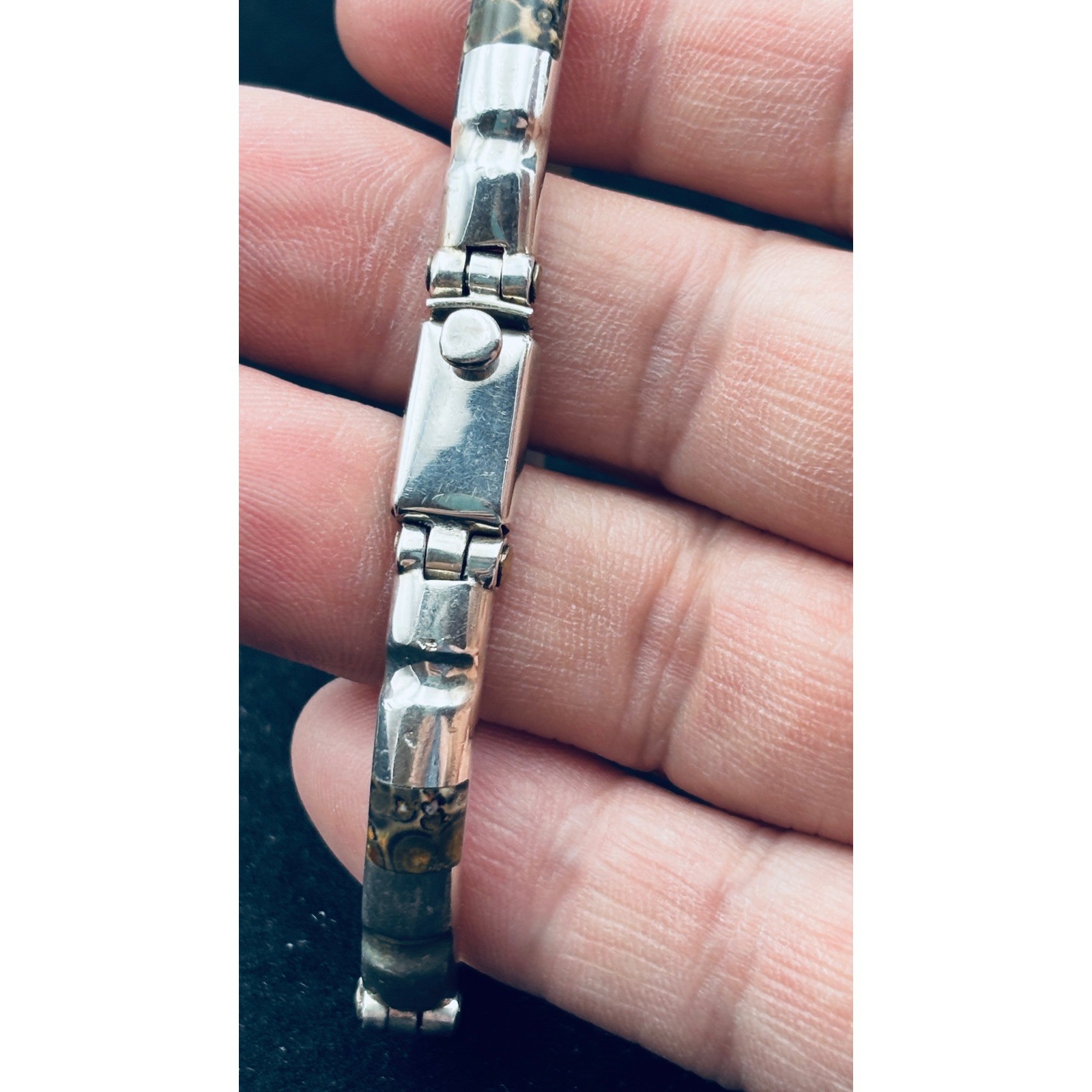 Taxco Mexico 925 Sterling Silver Leopard Skin Jasper Bamboo Link Bracelet 7in