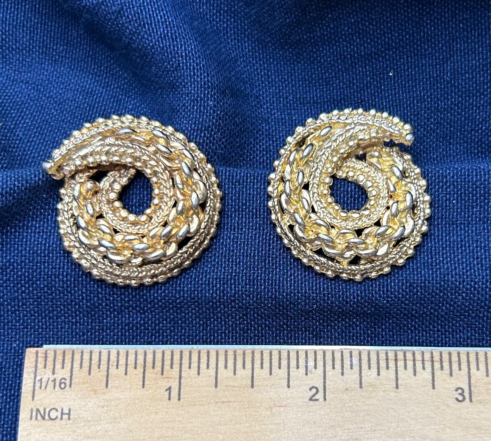 Vintage Round Button Knot Swirl Ribbon Flower Clip-On Earrings
