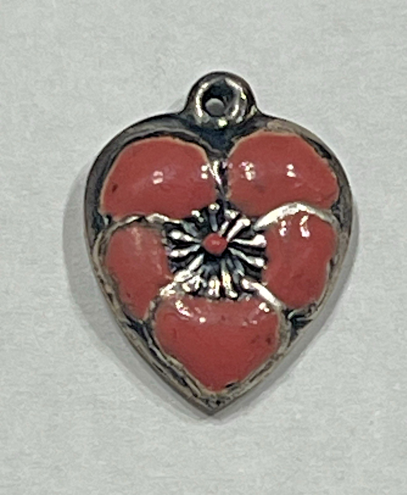 Sterling Silver Heart Flower Charm Puffy Enamel Pansy 925 Vintage Stamped Pink