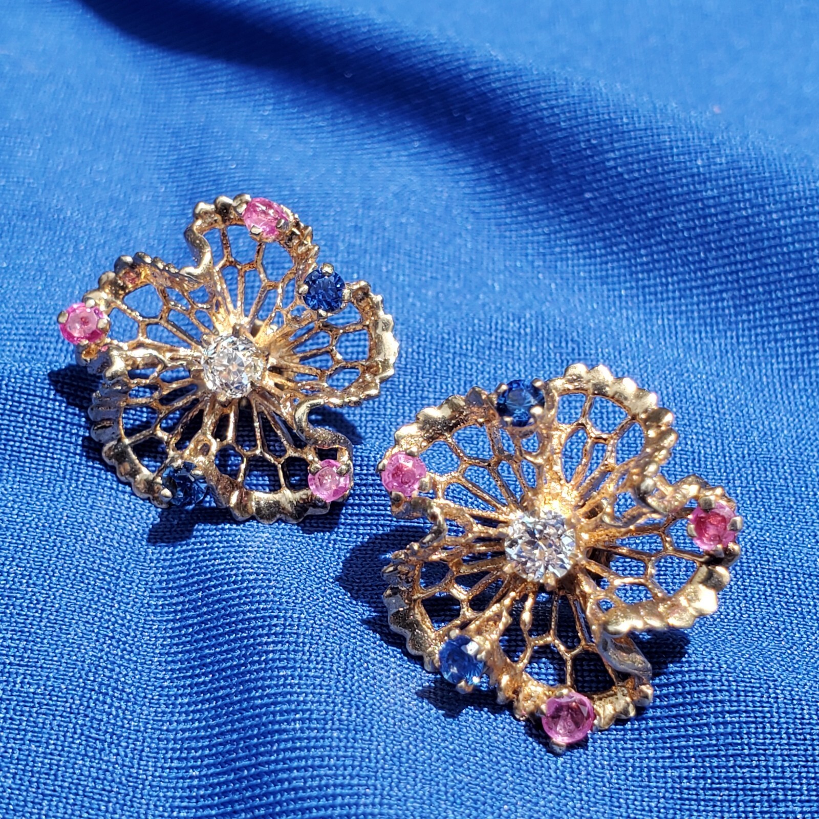 Original EARTH MINED DIAMOND Sapphire Ruby Deco Earrings Vintage SOLID 14K GOLD
