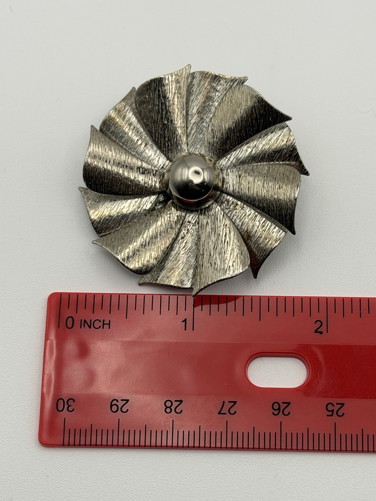 Vintage Silver Tone Pinwheel Flower Brooch Textured Modernist Auction Find