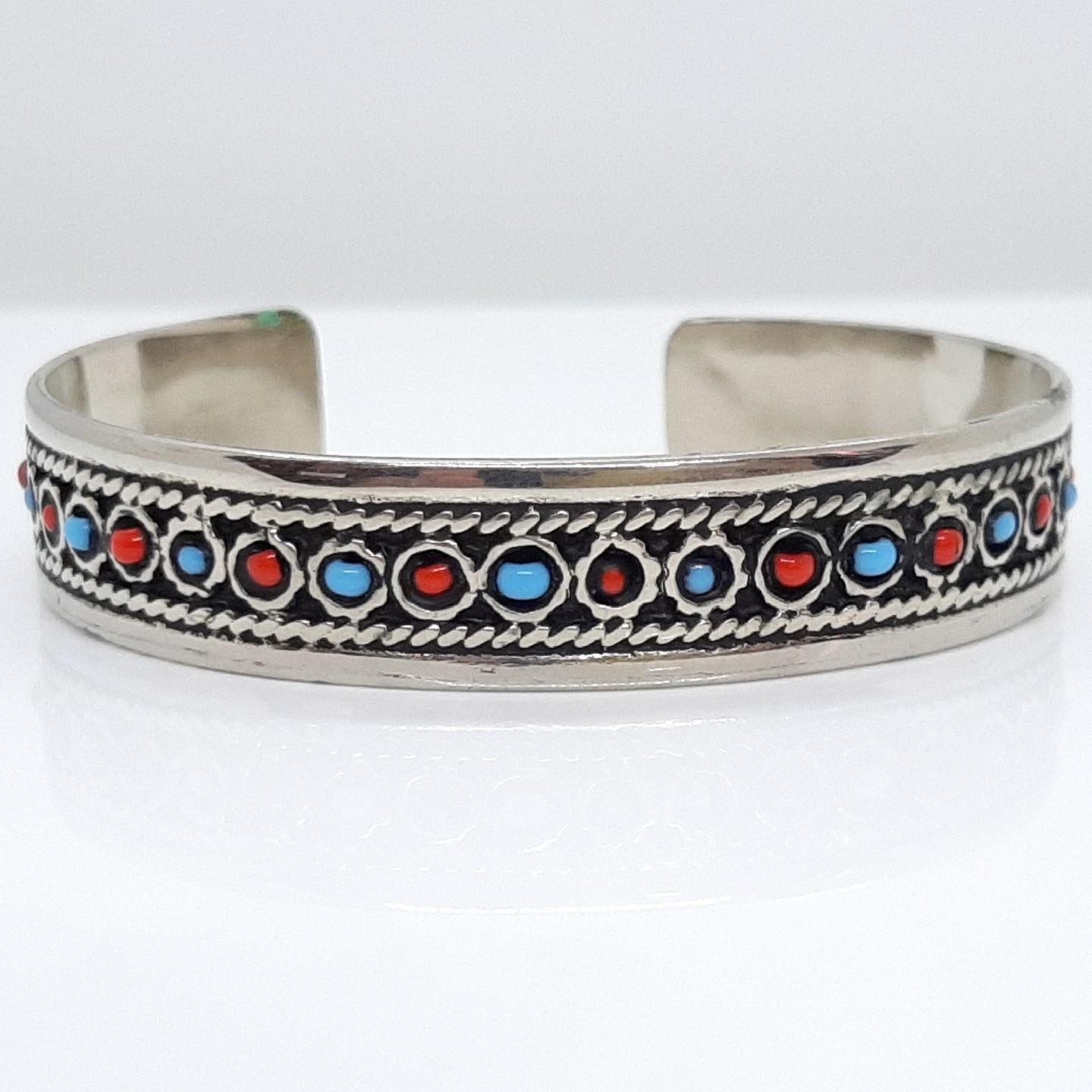 Antique 2.11ctw Turquoise & Coral Silver Bangle Bracelet 21.4g