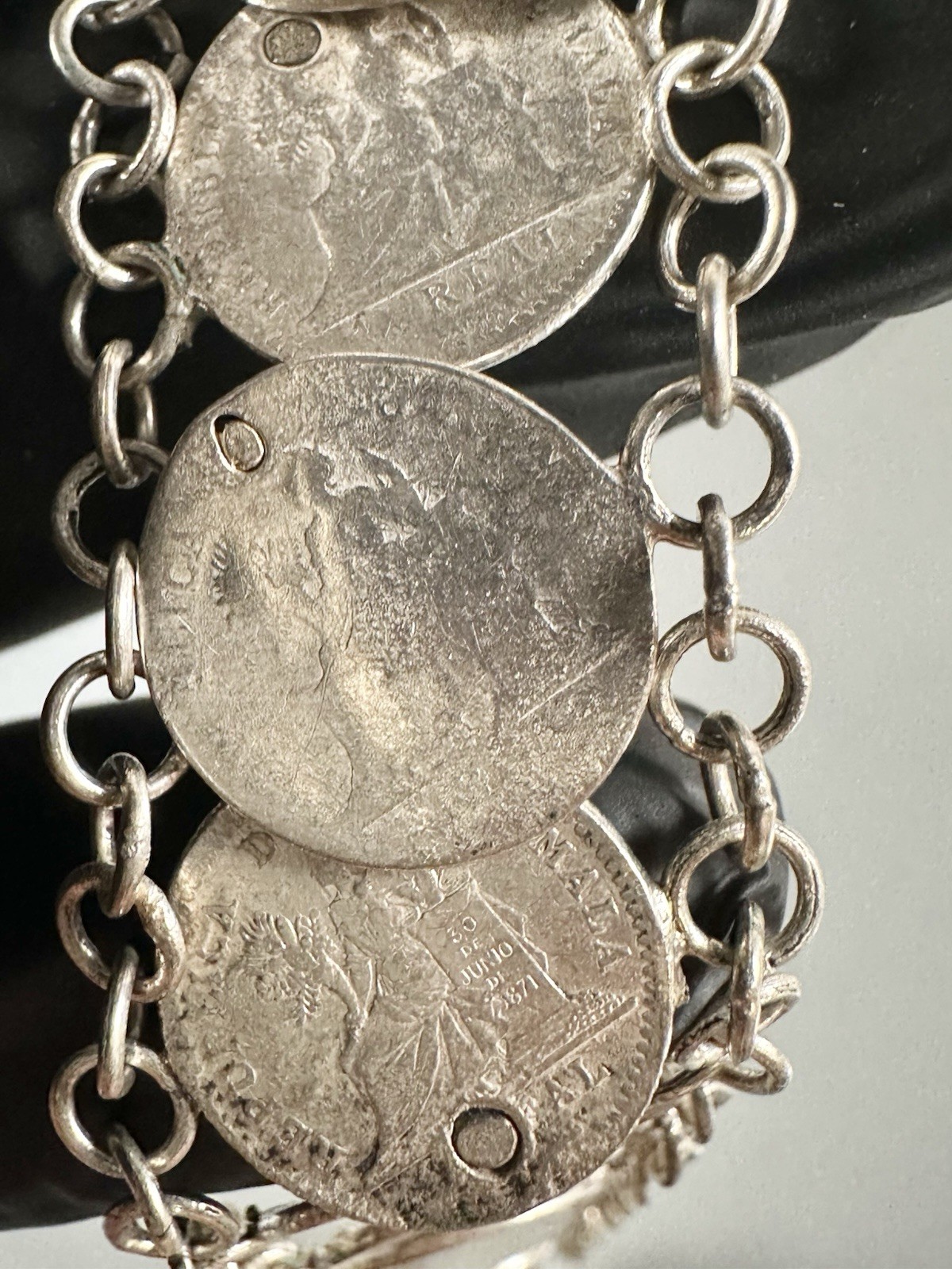 Antique 835 Silver 1800s Guatemala Coins Charm Bracelet 7” Inches
