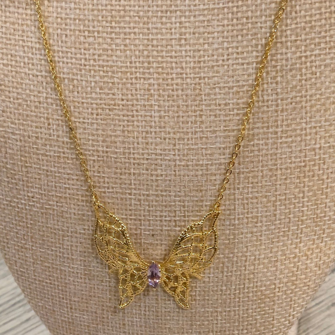 Vintage Gold Butterfly Necklace Purple Stone Filigree 14K HGE Lindenwold Jeweler
