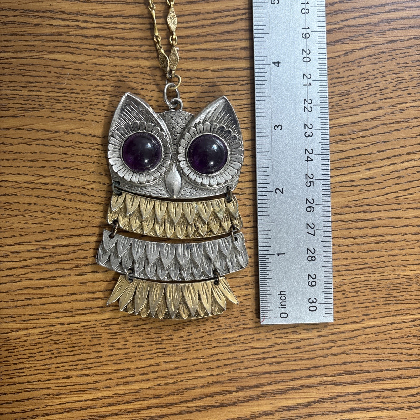 Vintage Silver & Gold Tone Articulated Owl Pendant Necklace W/Purple Stone Eyes