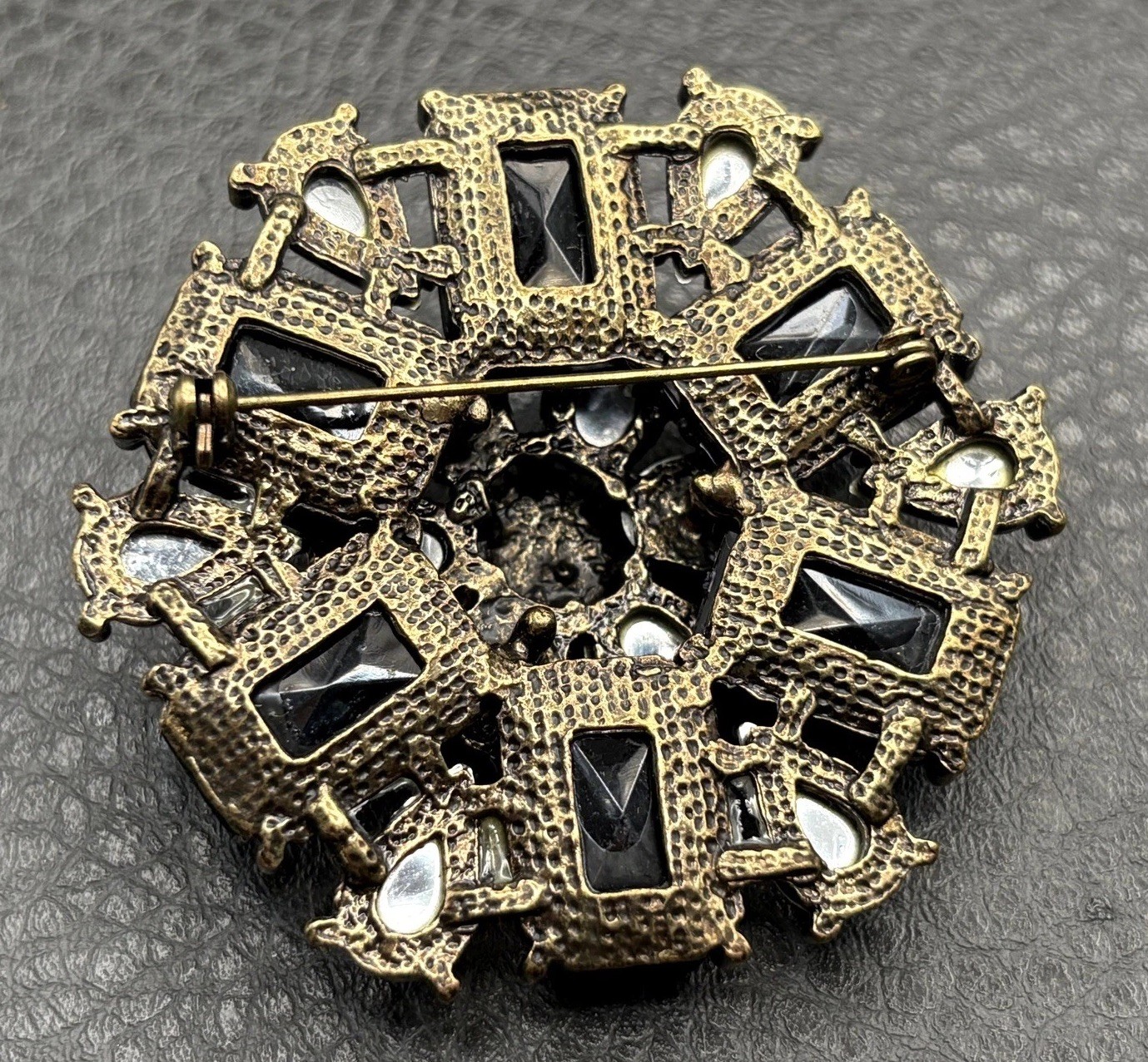 Vintage Black Rhinestone Gray Faux Moonstone Starburst Flower Brooch Pin