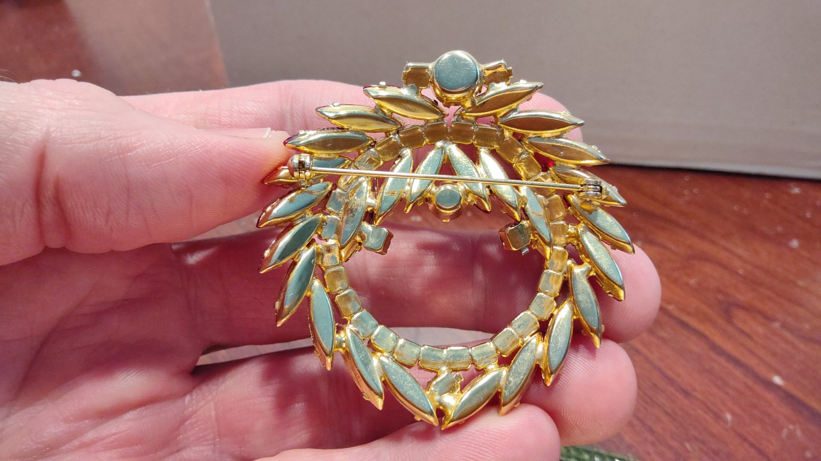 Vintage Red & Iridescent Rhinestone 2 1/4″ Round Brooch