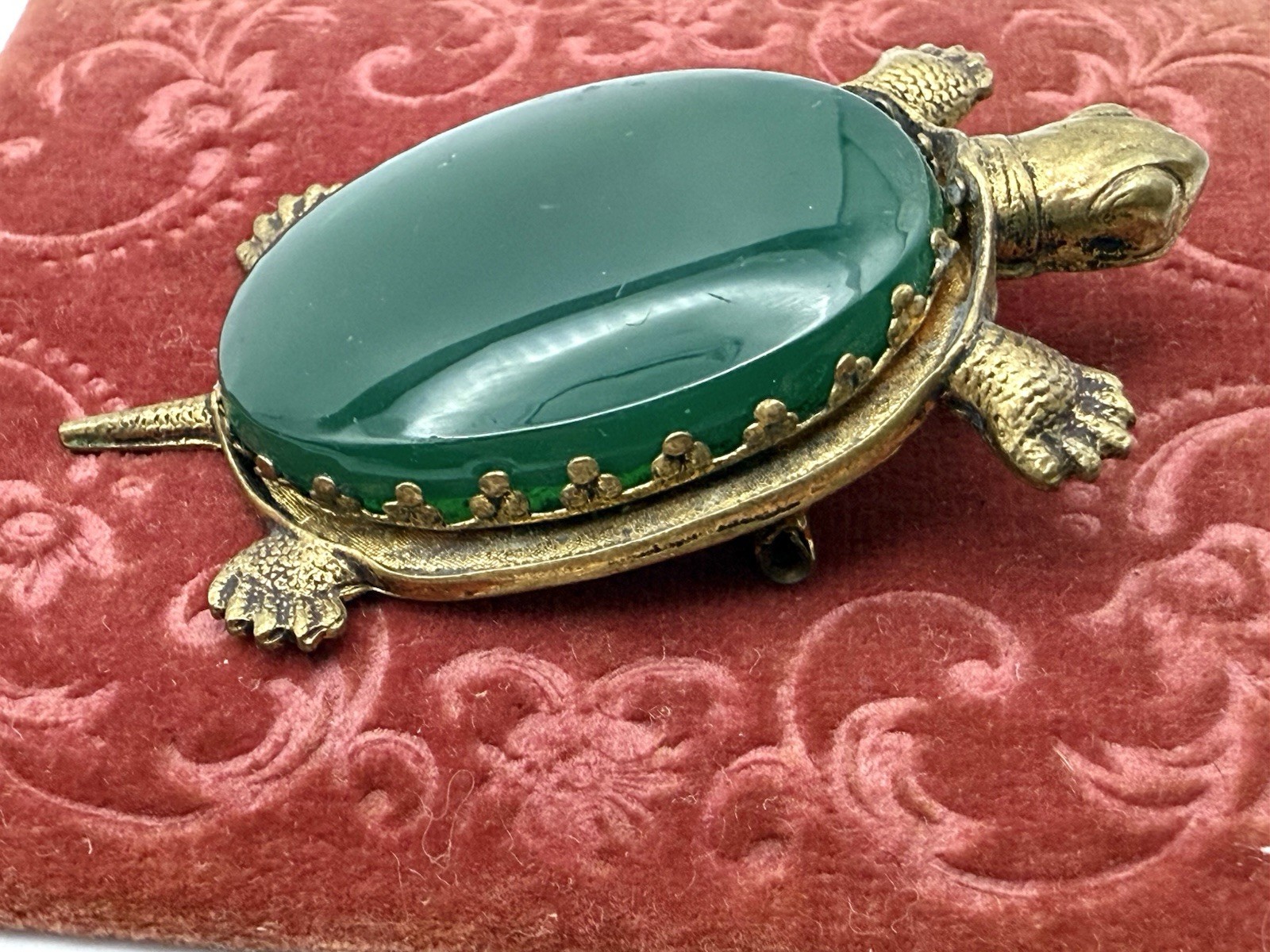 Antique Brass Turtle Brooch Pendant 1900s Green Glass Stone Trombone Clasp J80