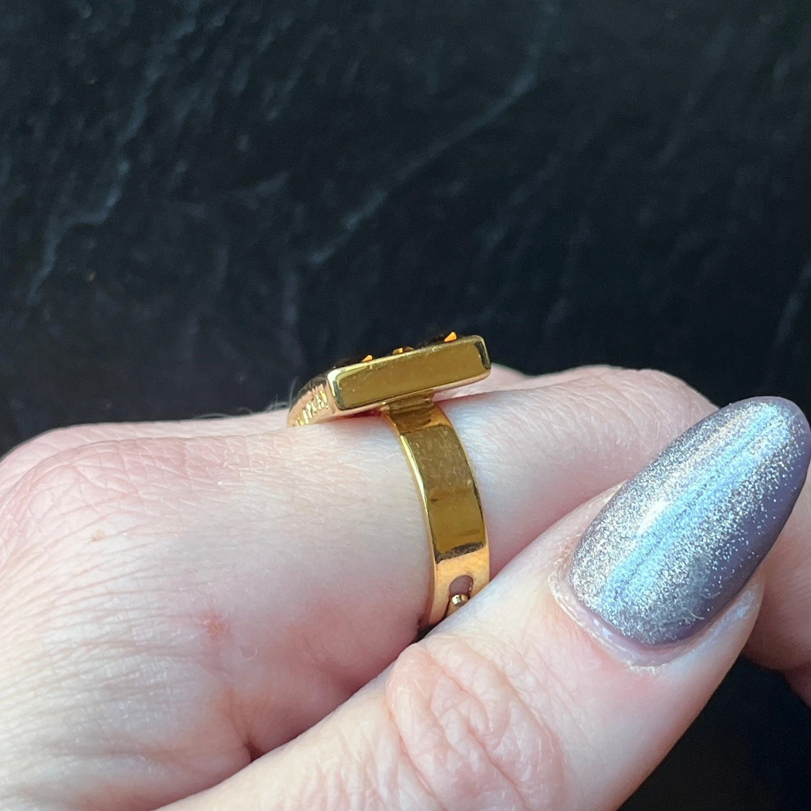 Vintage GIVENCHY Gold Tone Rectangular Ring with White and Amber Rhinestones