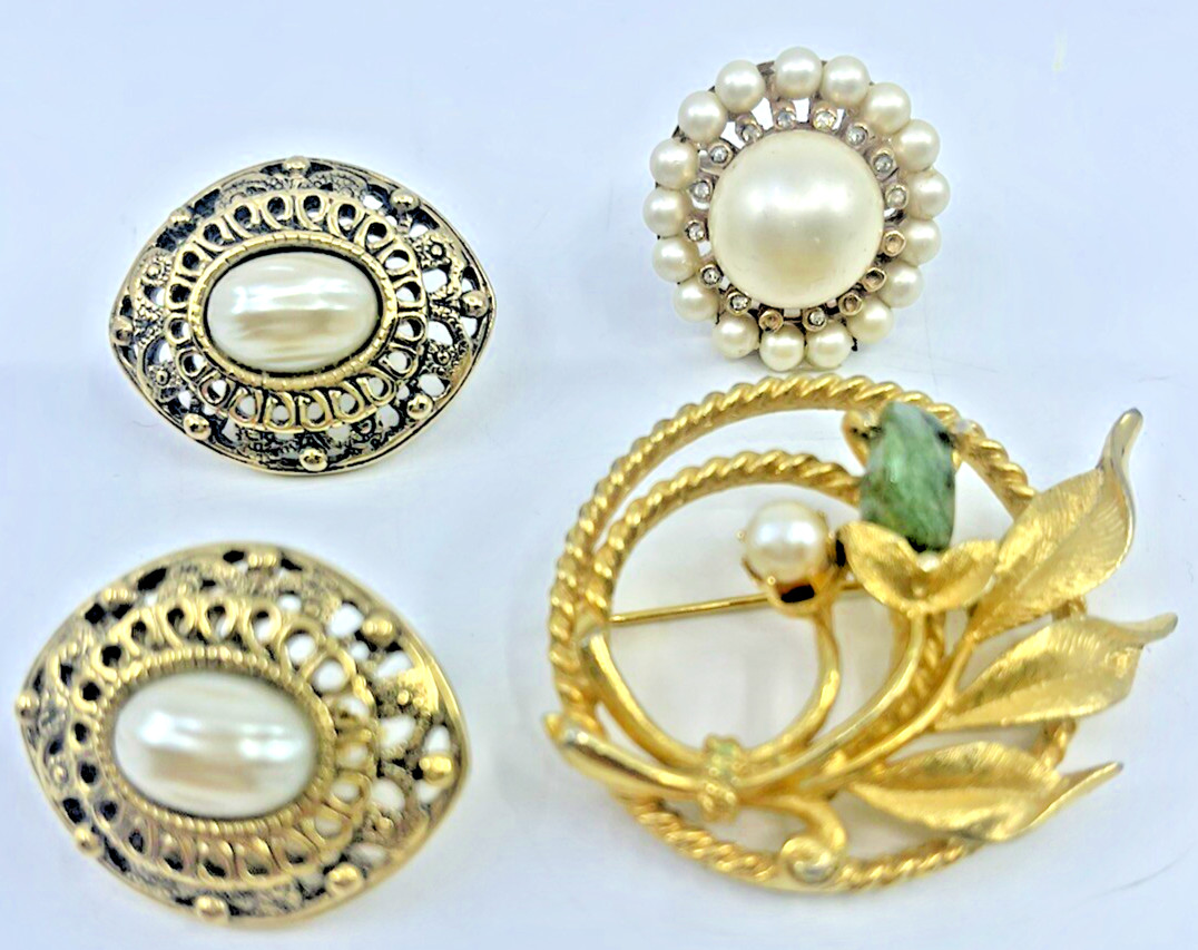 VTG MCM Pearl Gold Tone Brooch Clip- On Earring & Adjustable Ring LOT