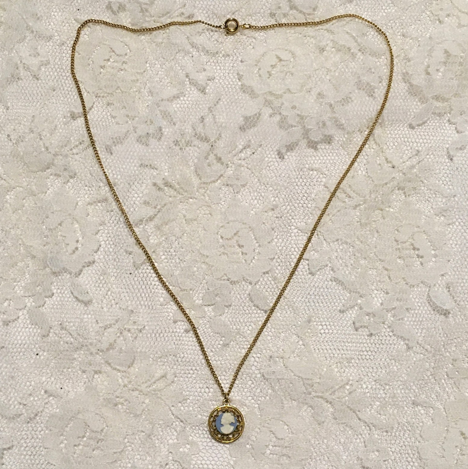 Vintage Blue Cameo Pendant Necklace Gold Tone Ornate Dainty Classic