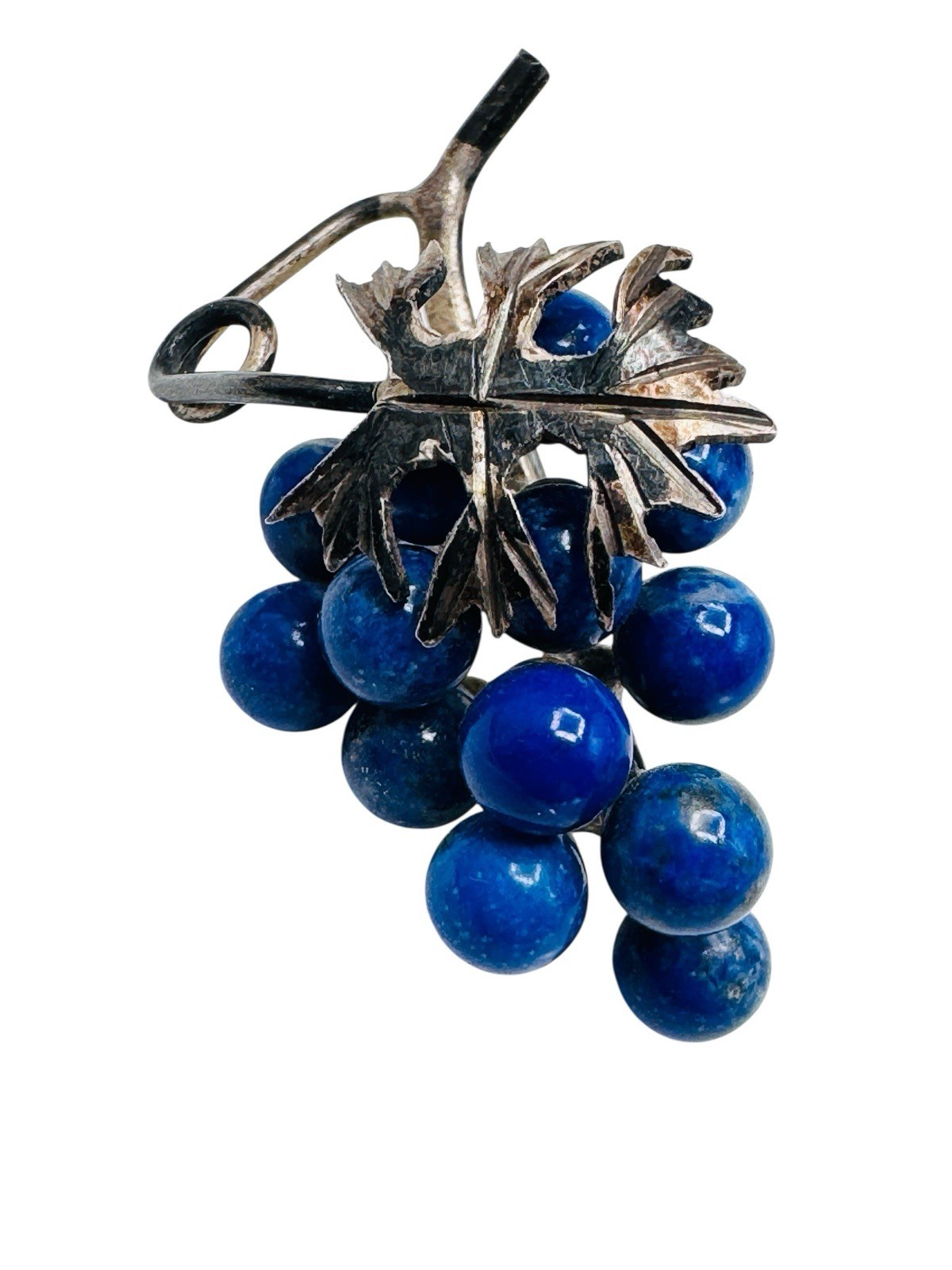 Vintage Silver Lapis Stone Grapes Leaf Pendant
