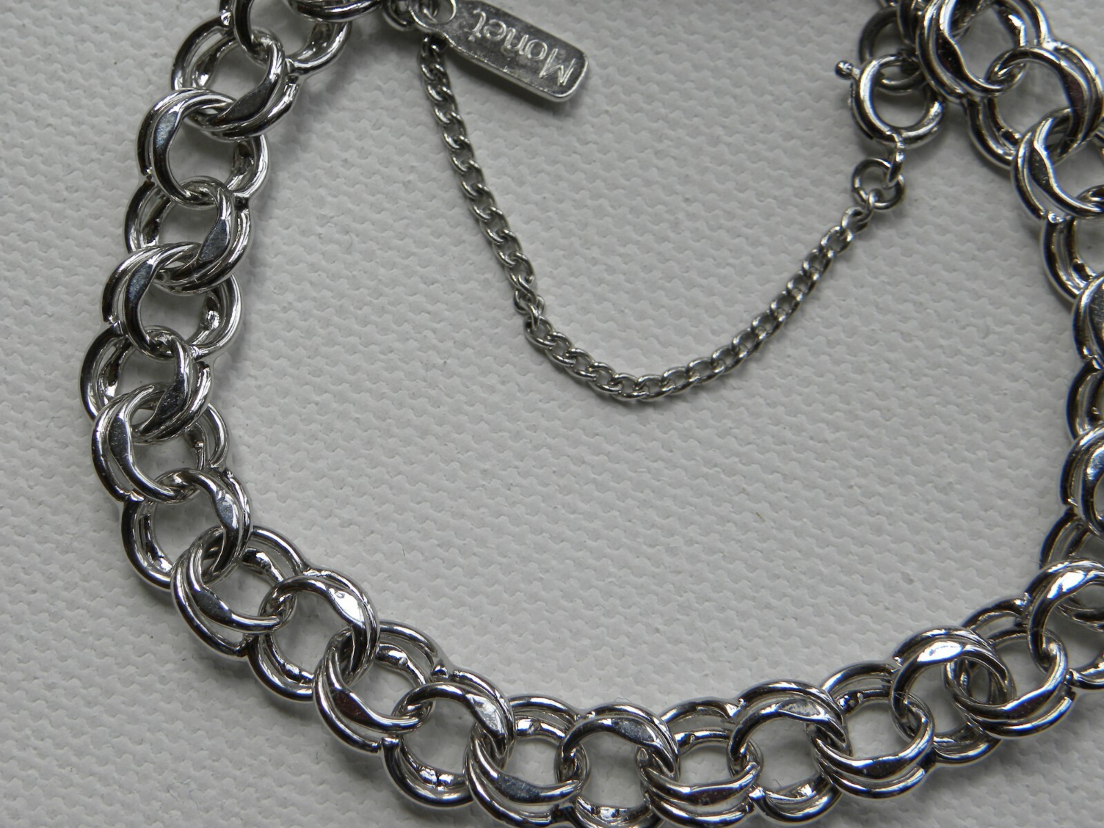 MONET Starter Charm Bracelet Double Link Silver Tone 7 1/8 Inch Safety Chain Vtg