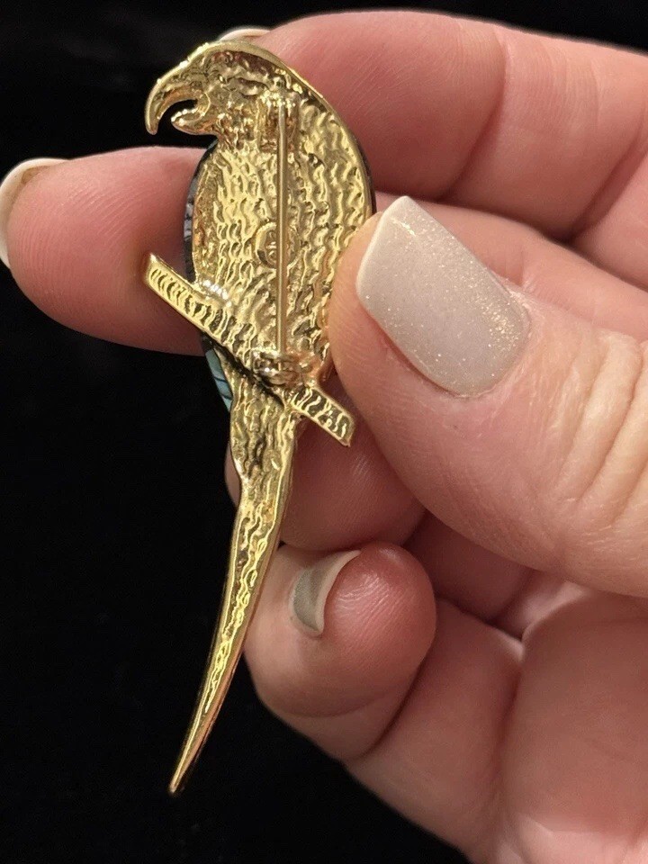 New Zealand Paua Shell Blue Abalone Gold Tone Parrot Bird Brooch Pin 2.25”x1” 9g