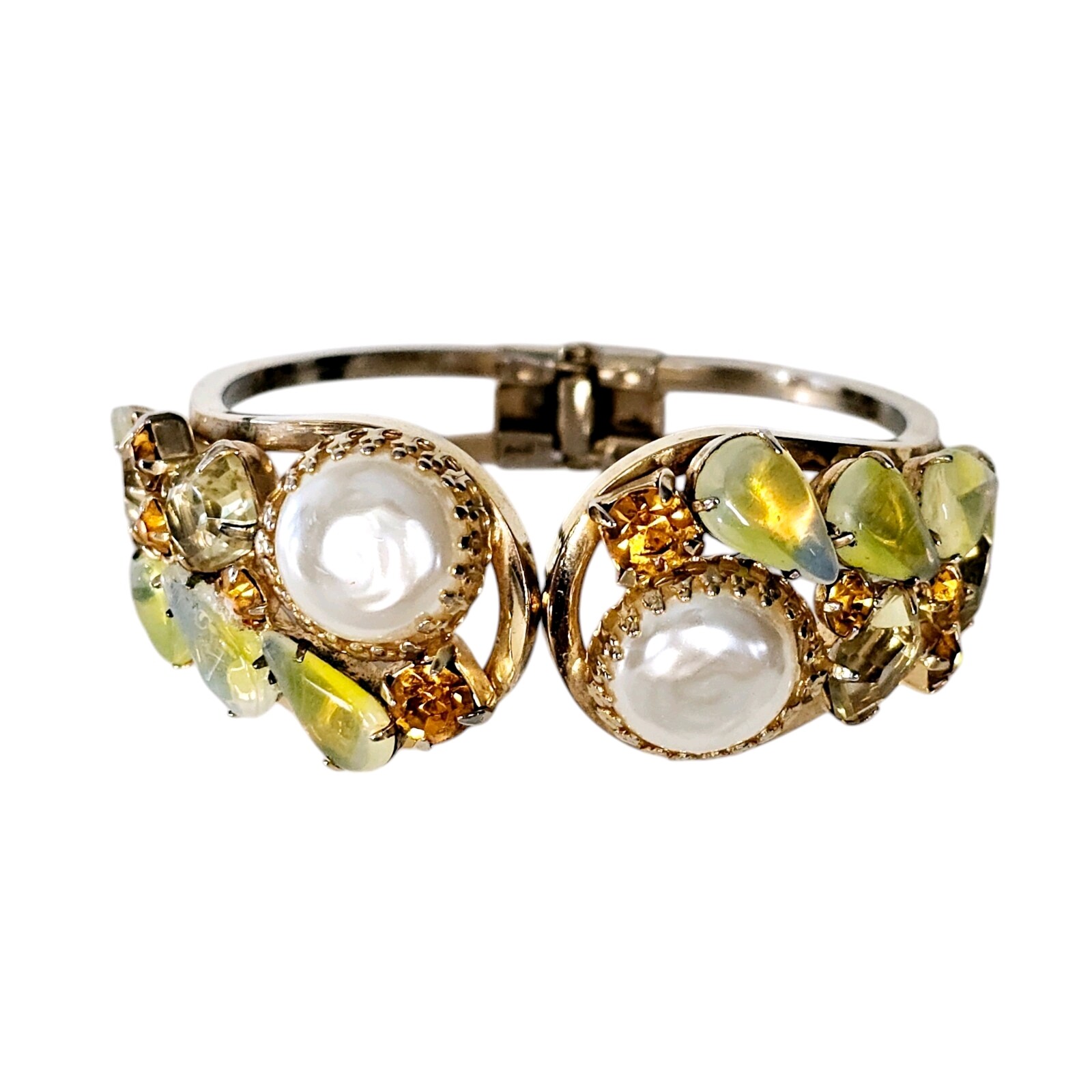 Vintage Juliana DeLizza & Elster Pearls Opalescent Rhinestone Clamper Bracelet