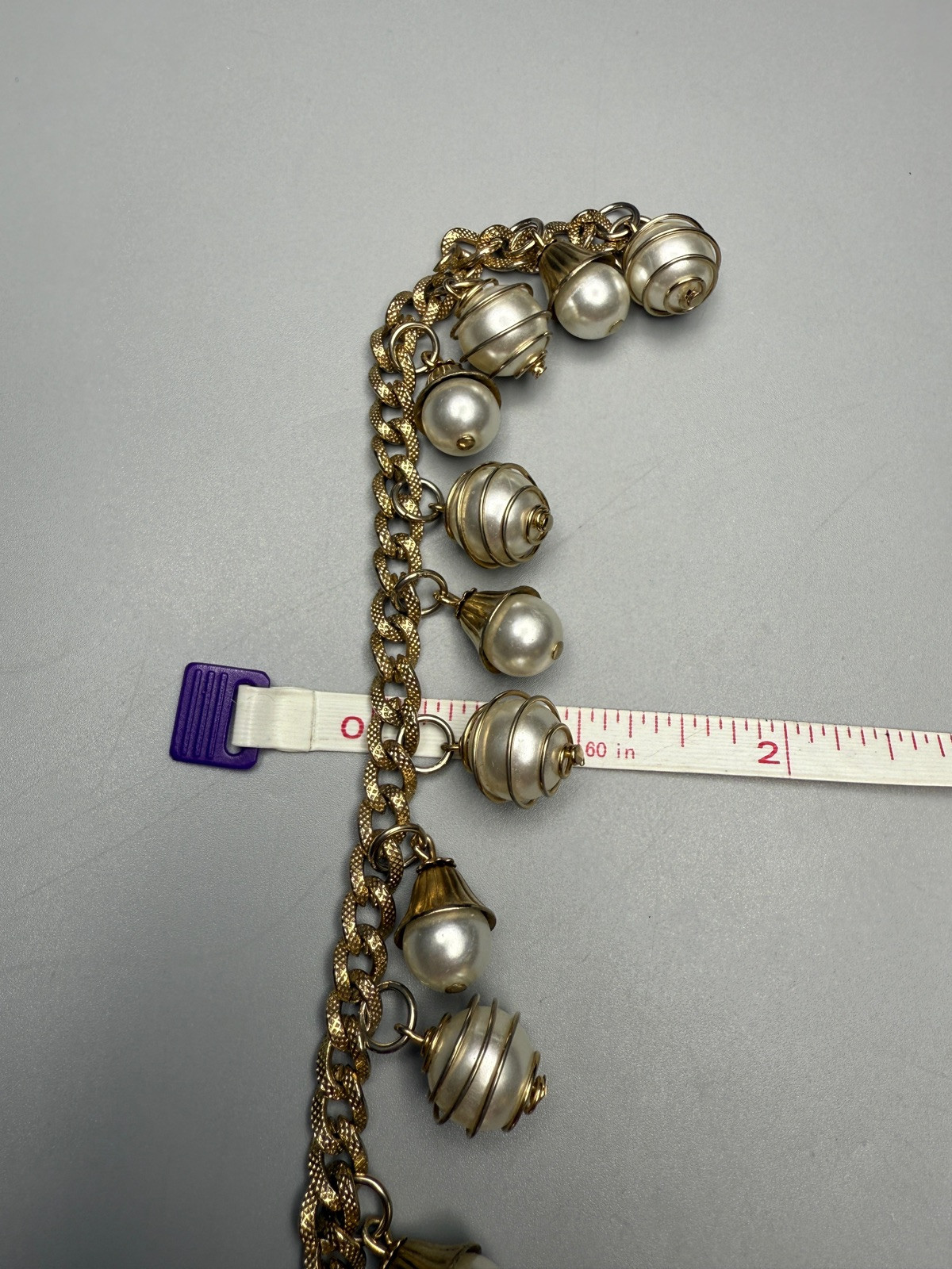 Charm Bracelet Gold Tone Bead Dangle Faux Pearl Wire Wrapped 7.25” VTG Cha Cha