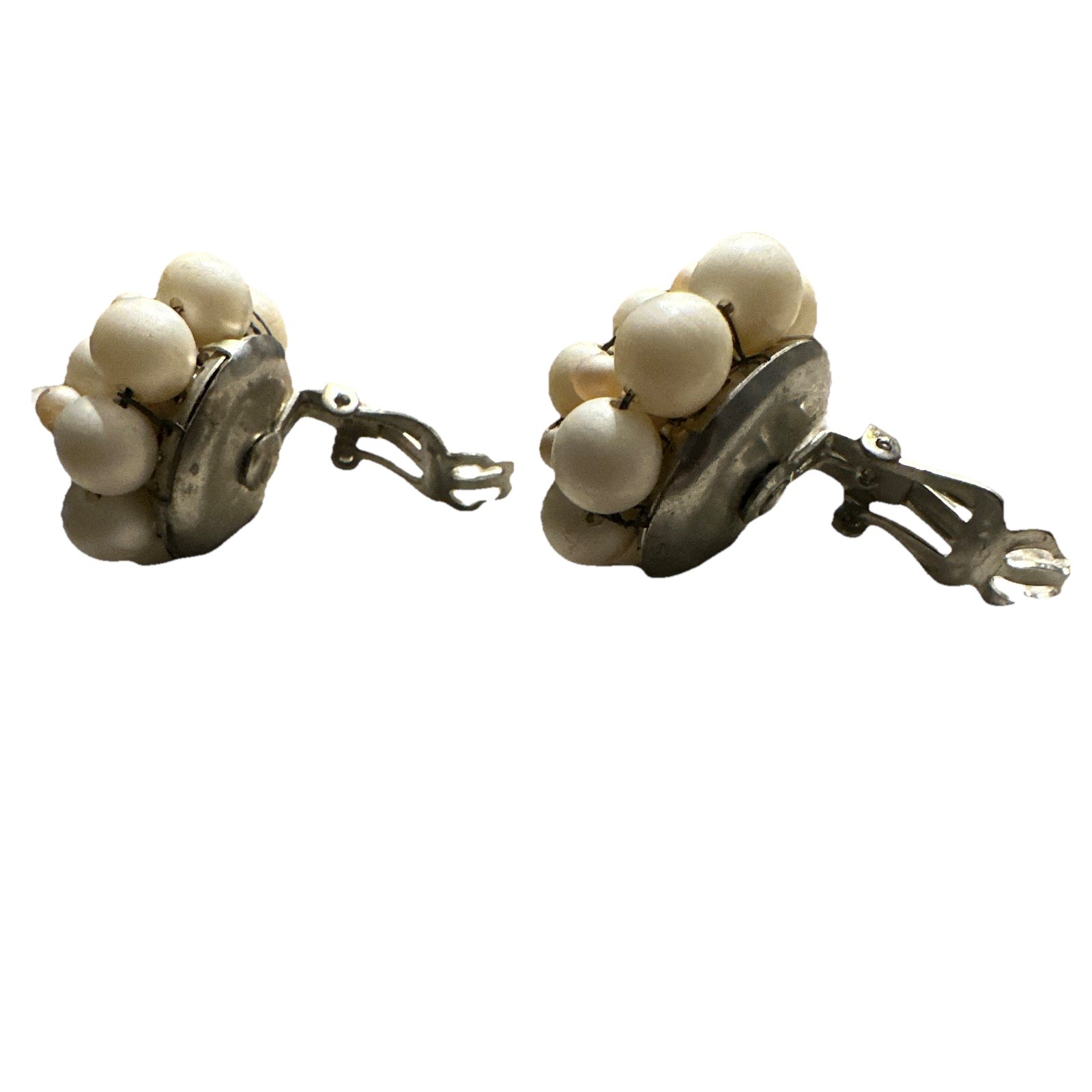 Vintage White Round Bead Cluster Clip-On Earrings for Women, Lobe