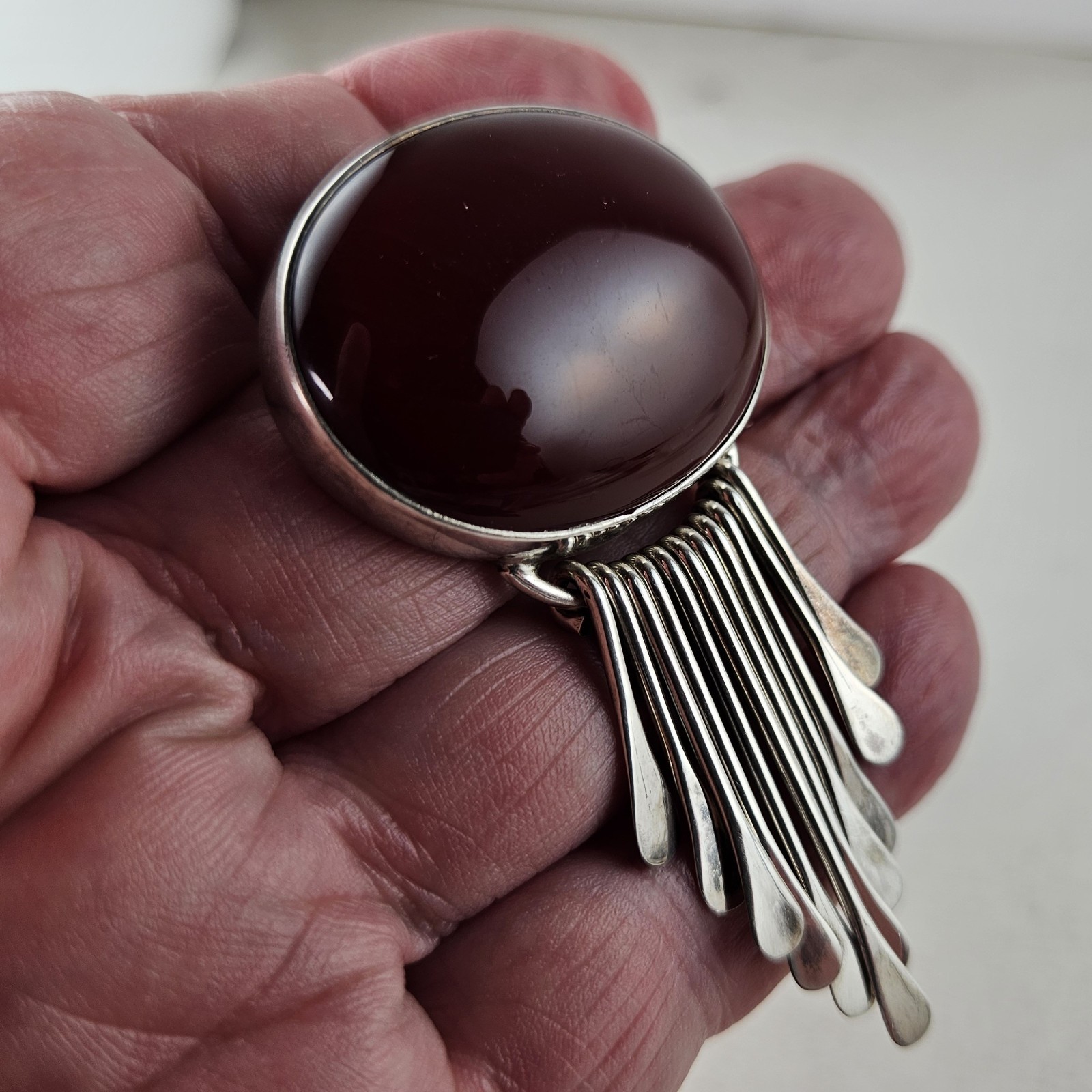 Sterling Silver Mexico AIS Brooch Pendant with Carnelian Stone 30.0g [8988]