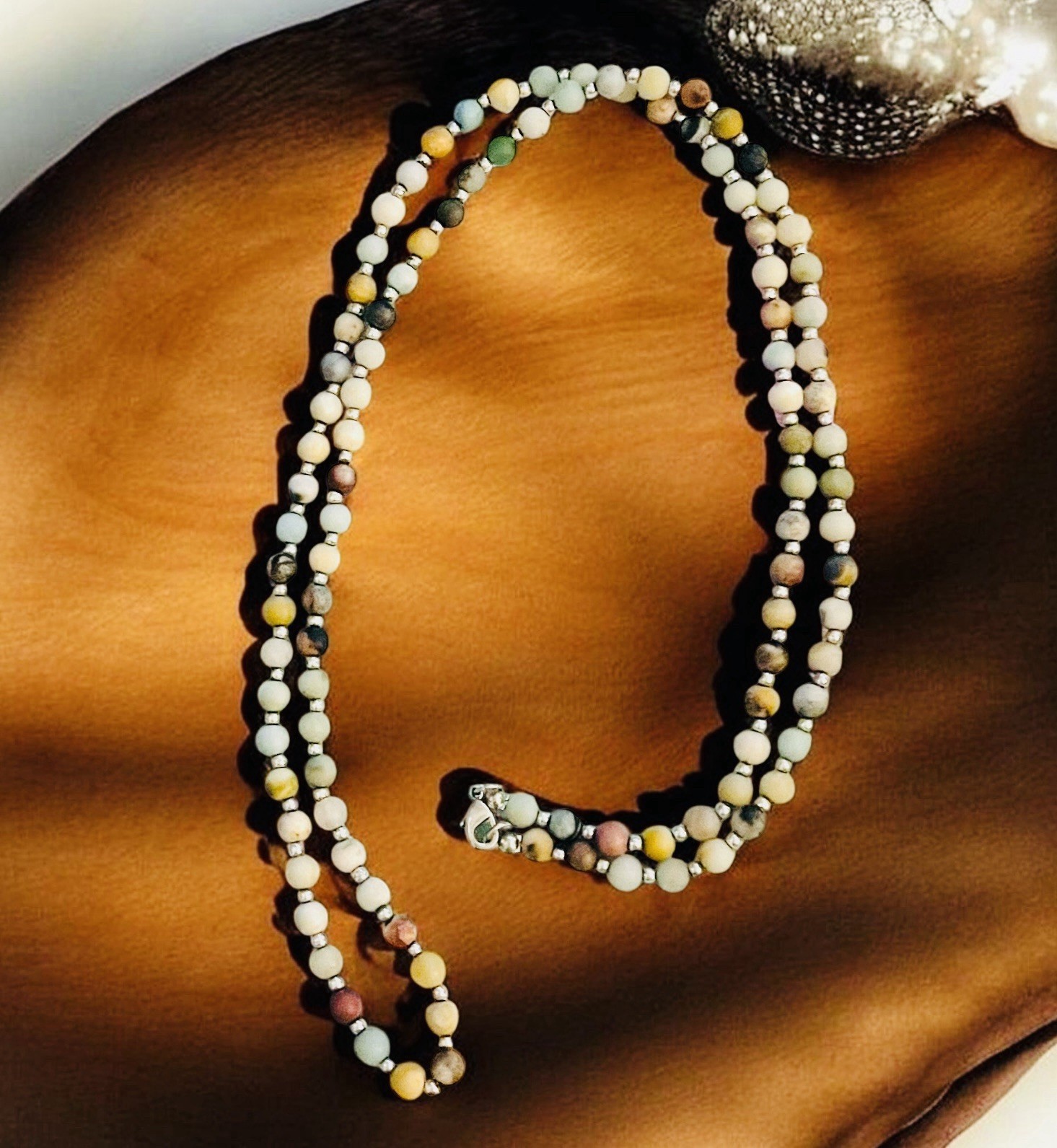 34” Multicolor Jadeite Tested Bead Necklace – Natural Stone -Silver Tone Spacers