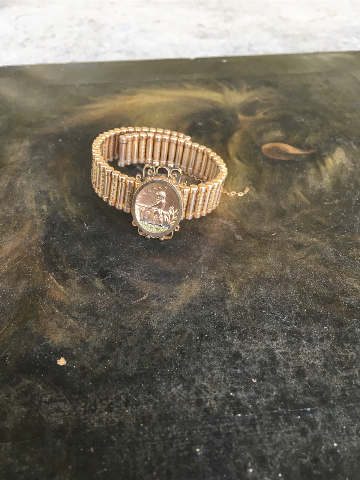 ANTIQUE GOLD FILLED EXPANDING VICTORIAN STYLE HUNTING BRACELET FINELY DETAILED