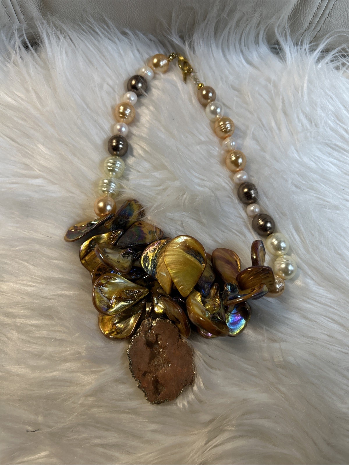 Statement Necklace Amber Abalone Shells W Geode Crystal Handmade! Quality Made!