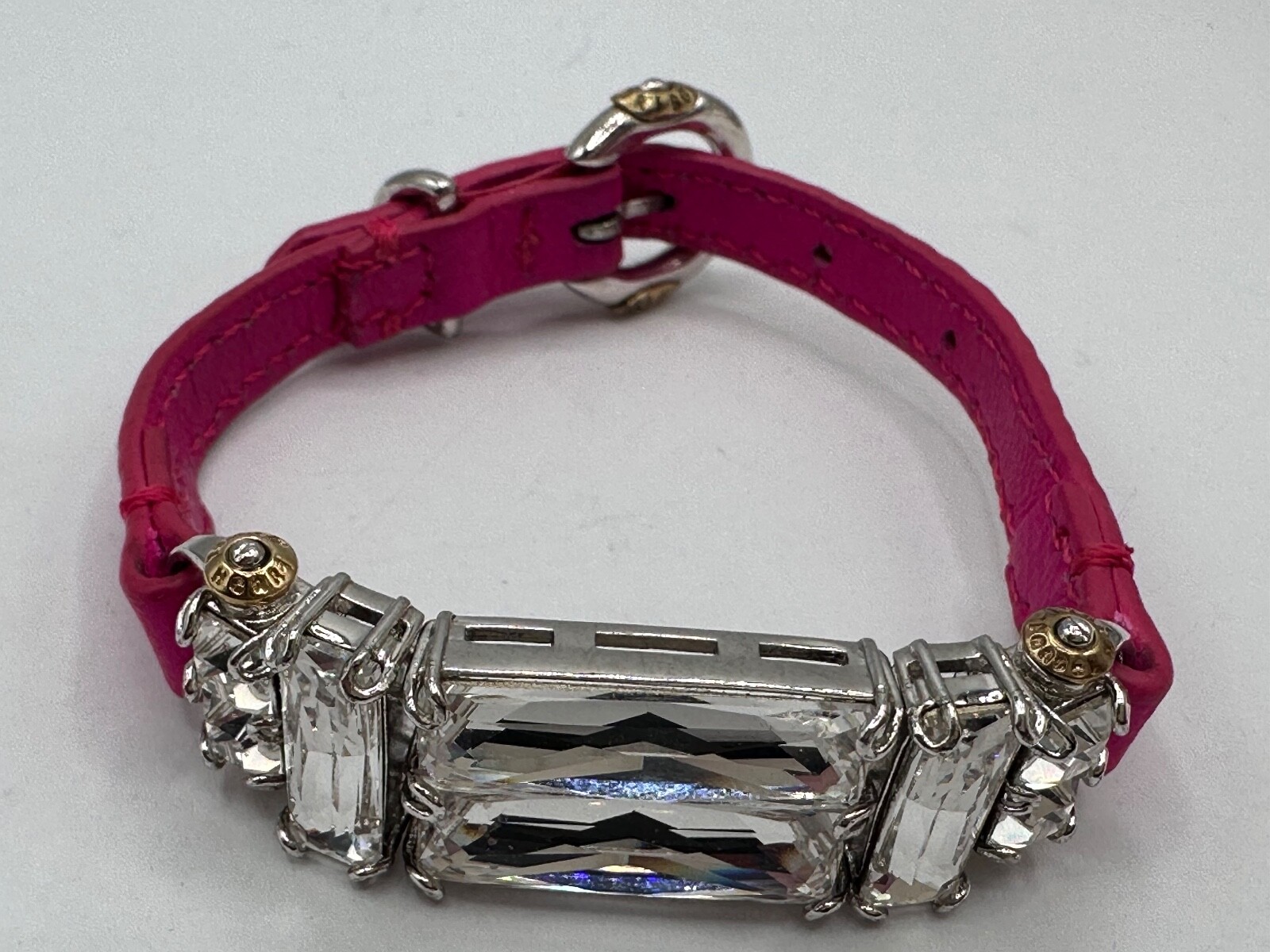 GOLD SILVER PLATED CRYSTAL FUCHSIA PINK SKIN HENRI BENDEL SIGNED BUCKLE BRACELET