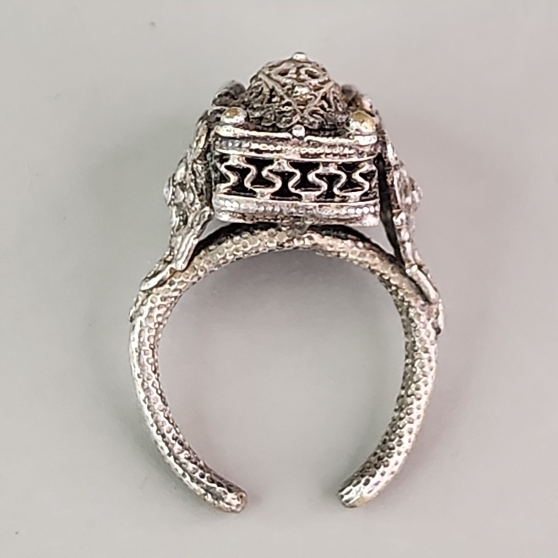 Filigree Statement Cuff Ring Brass Silver Tone Rectangle Heavy 7.5