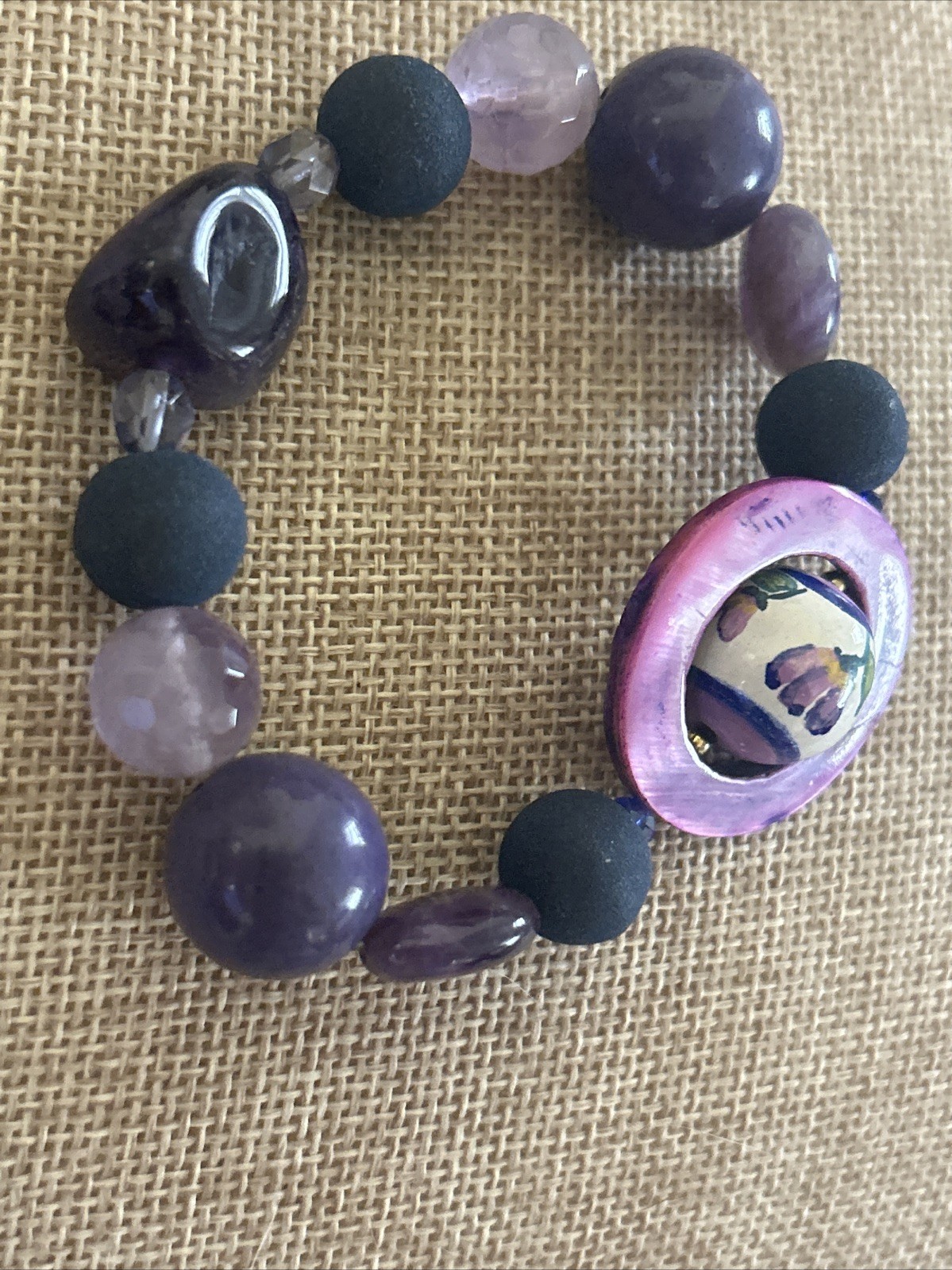 VTG Bead Bracelet Purple Matte w/ Abalone Ring Floating Floral Ball Hand Painted