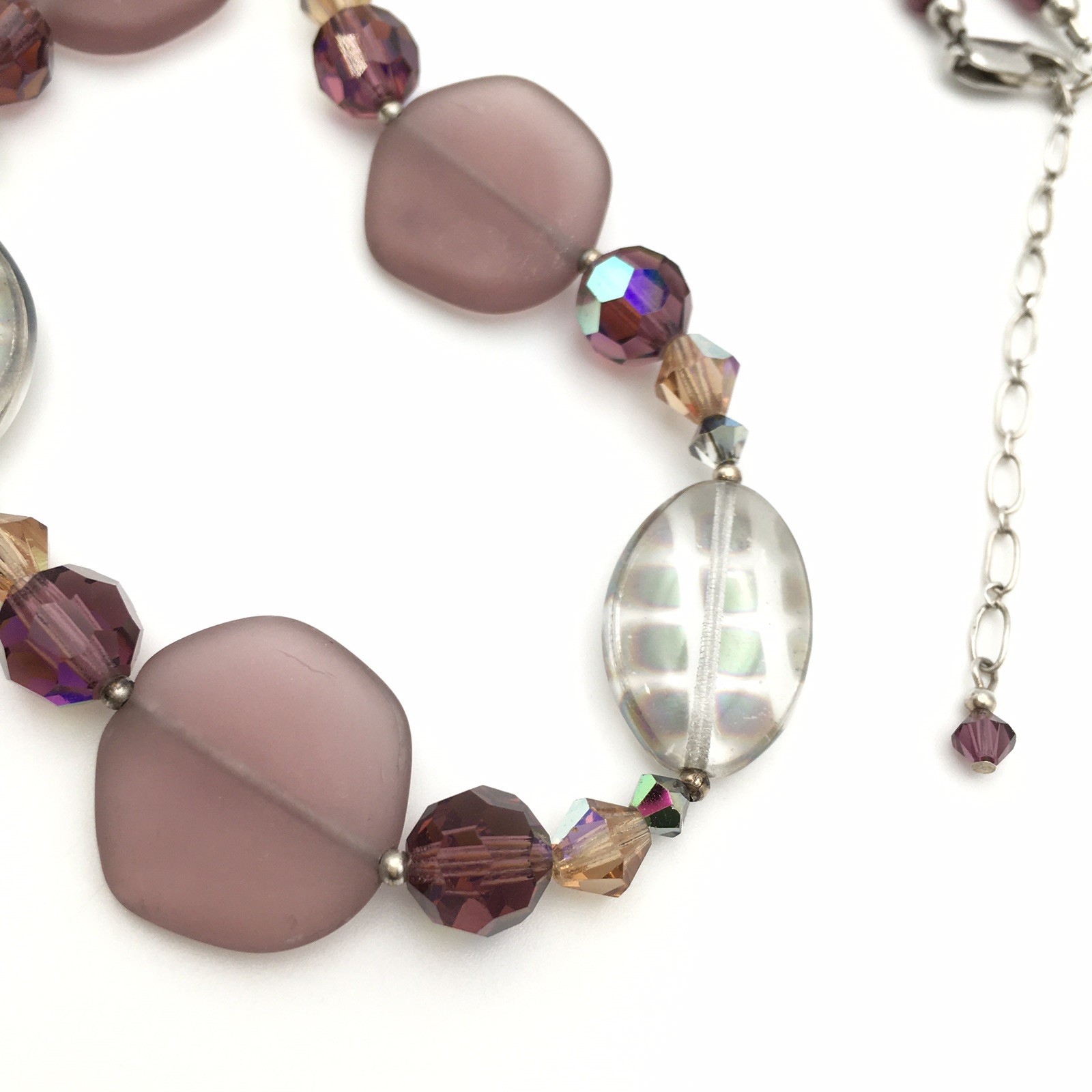 Mauve Frosted Glass Bead & Sterling Silver Necklace 15-17” 925 #23