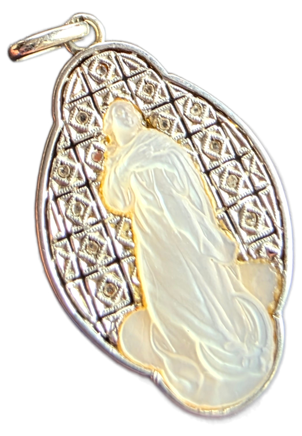 Antique 18k Gold Virgin Mary Medal – Real Diamonds & Mother of Pearl