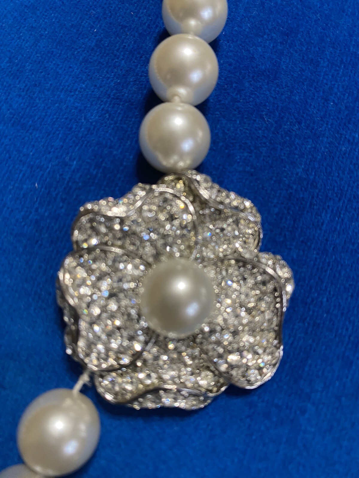 Vintage Signed KJL Large Pearl Necklace Choker With Rhinestone Flower Rose Clasp