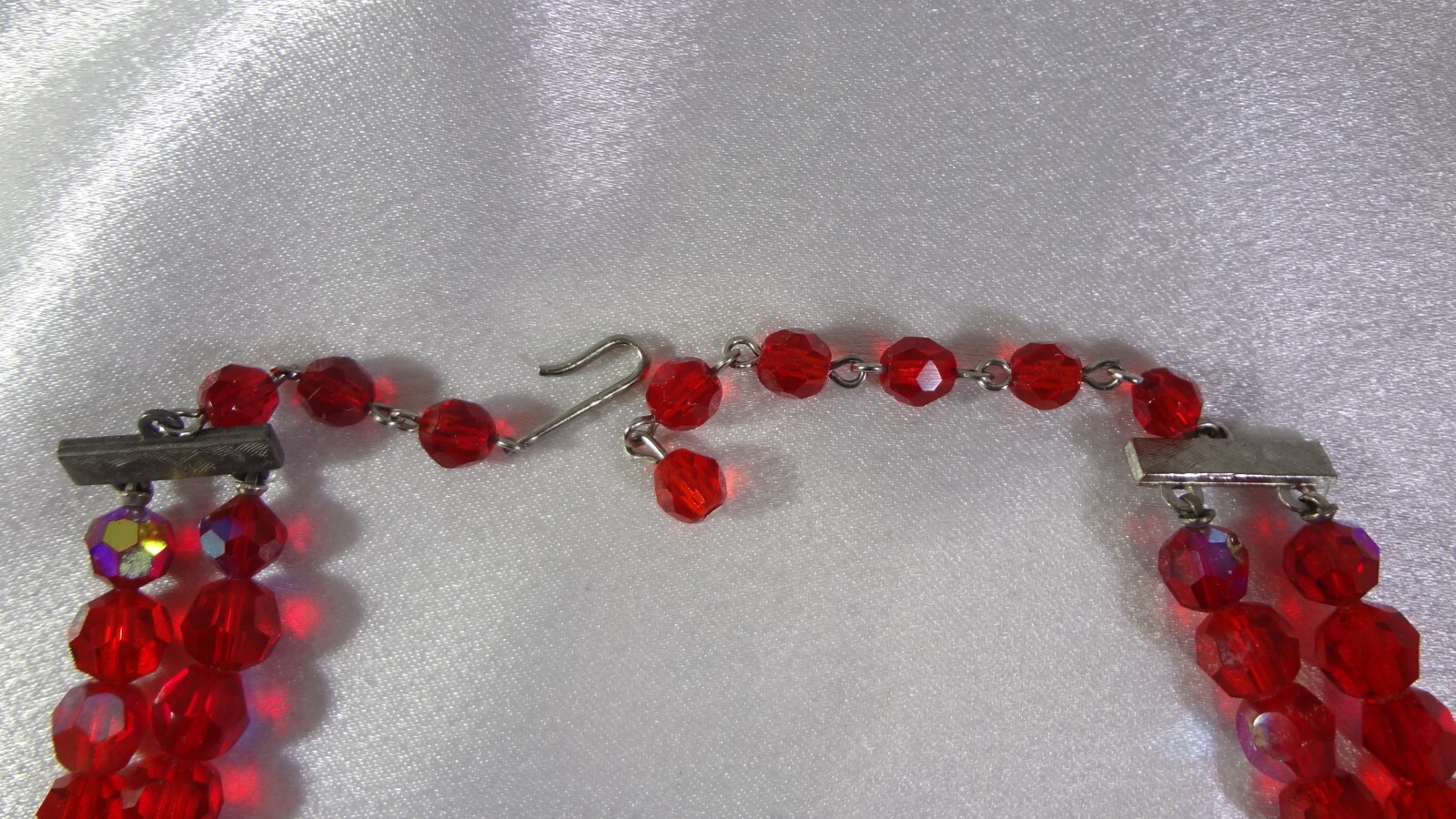 Vtg C: Late 1950’s AB Red Faceted Glass 2 Strand Necklace Bracelet Earrings Set!