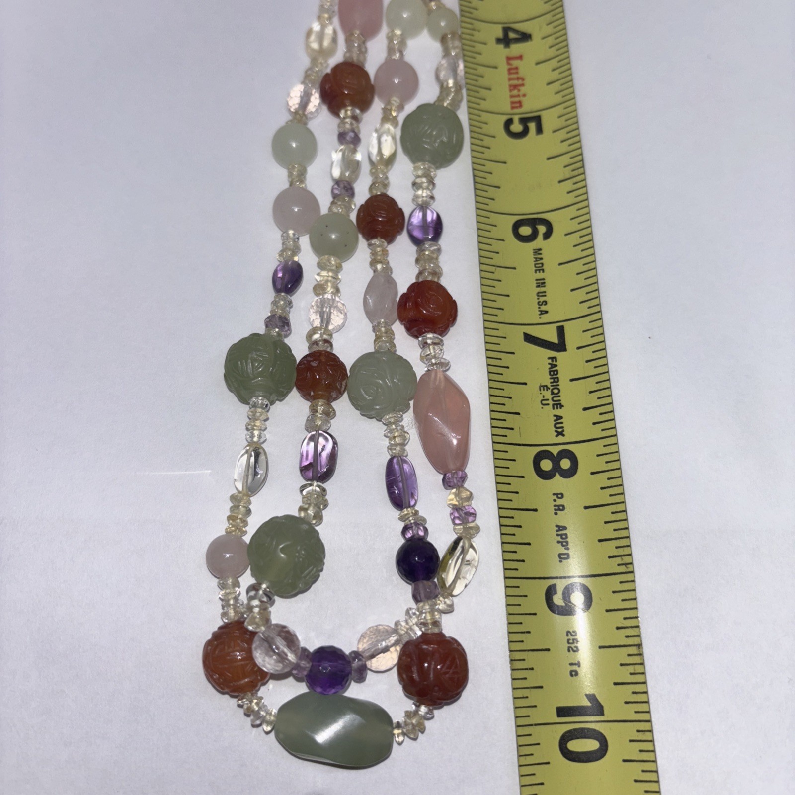 Multi-Gemstone 2-Strand Necklace Carved Jade Amethyst Sterling Silver STG 85g