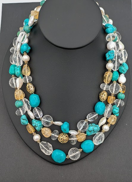 Vintage Turquoise Beaded Necklace Quartz Pearl Sterling Vermeil Multi Strand