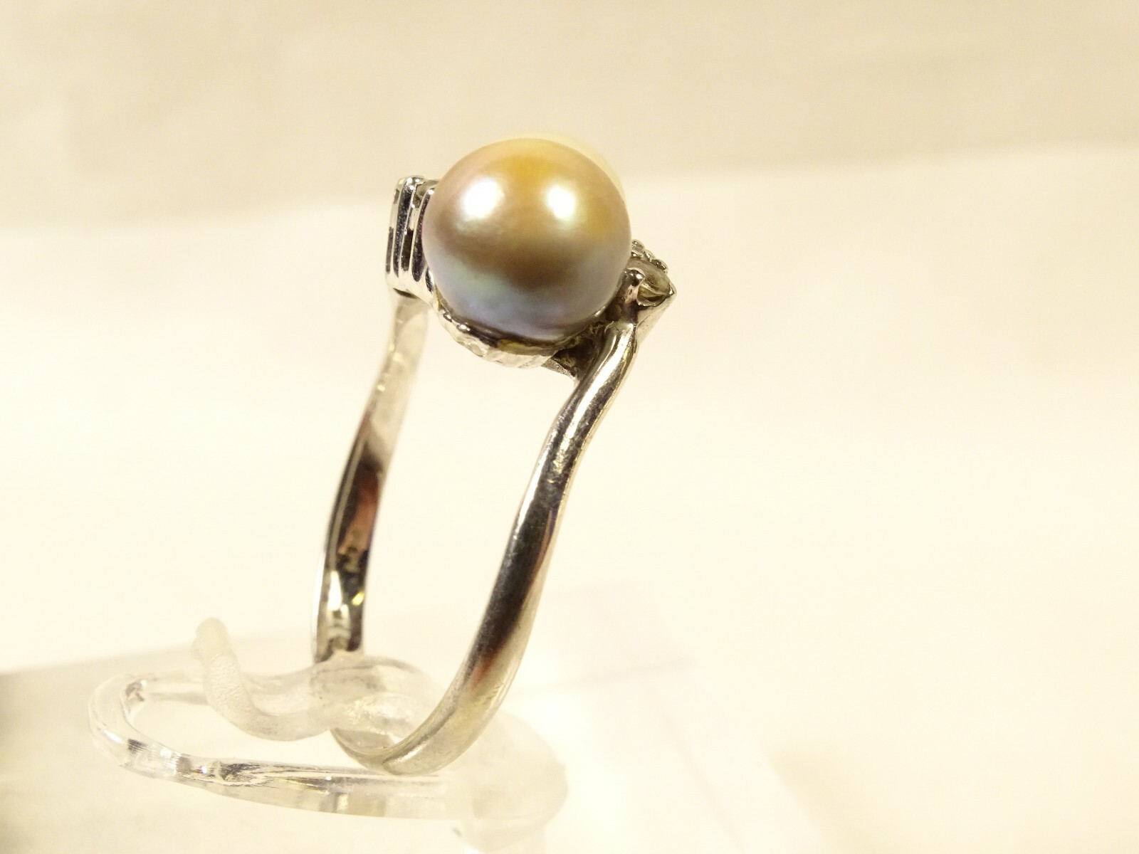 Lovely 10k White Gold Champagne & Cream Double Pearl Bypass Sz 6.5 Dinner Ring