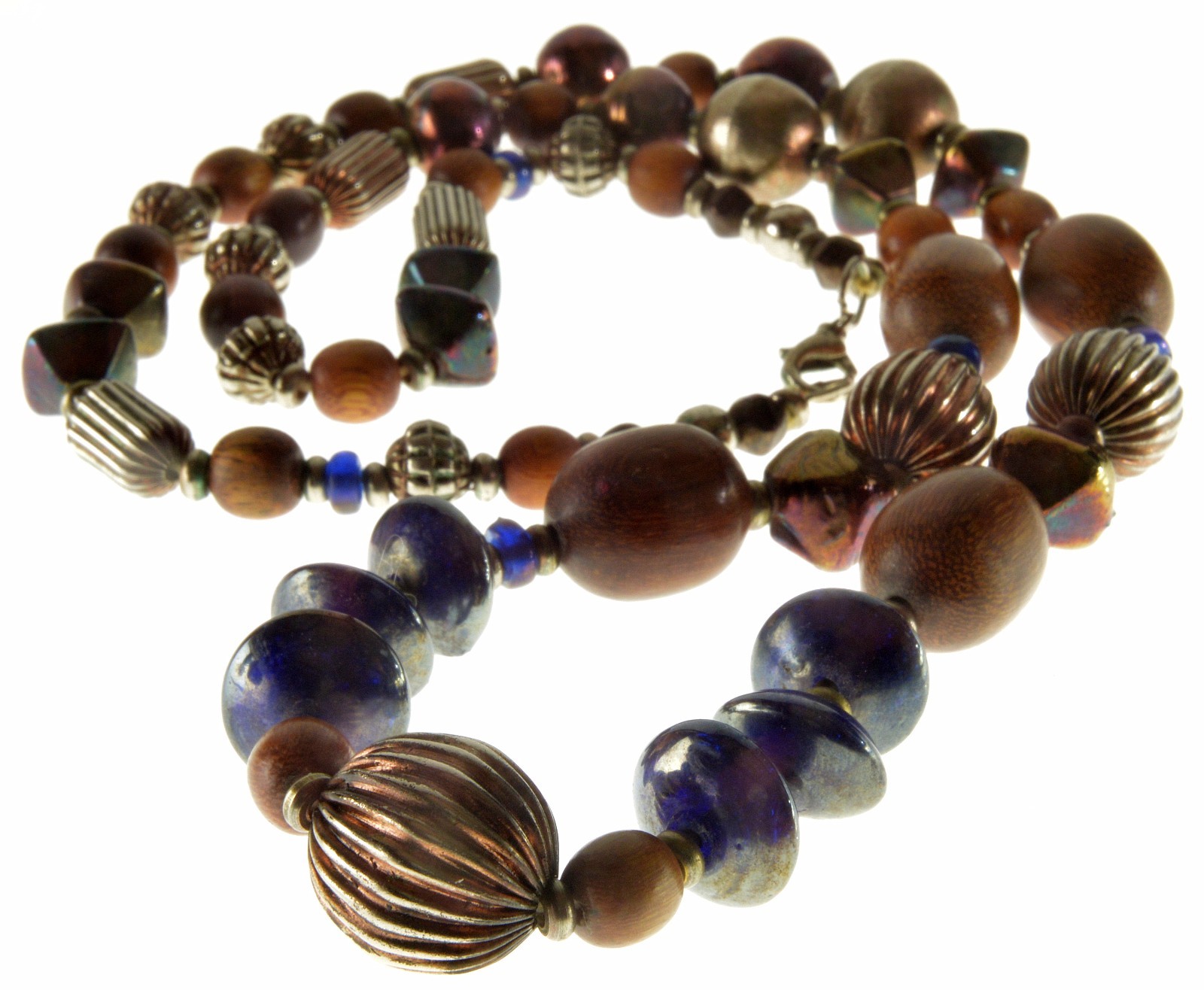VTG ART GLASS CERAMIC WOOD METAL BEAD NECKLACE 34″ C.1980
