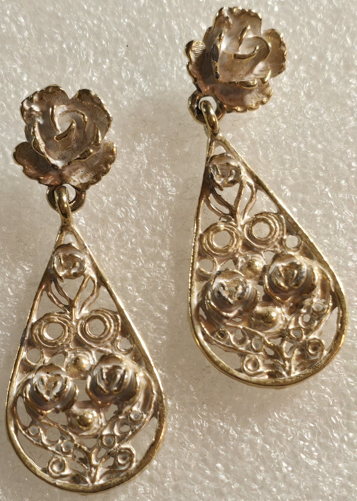 Vintage White Enamel Roses Cannetille Etruscan style Drop Pierced Earrings