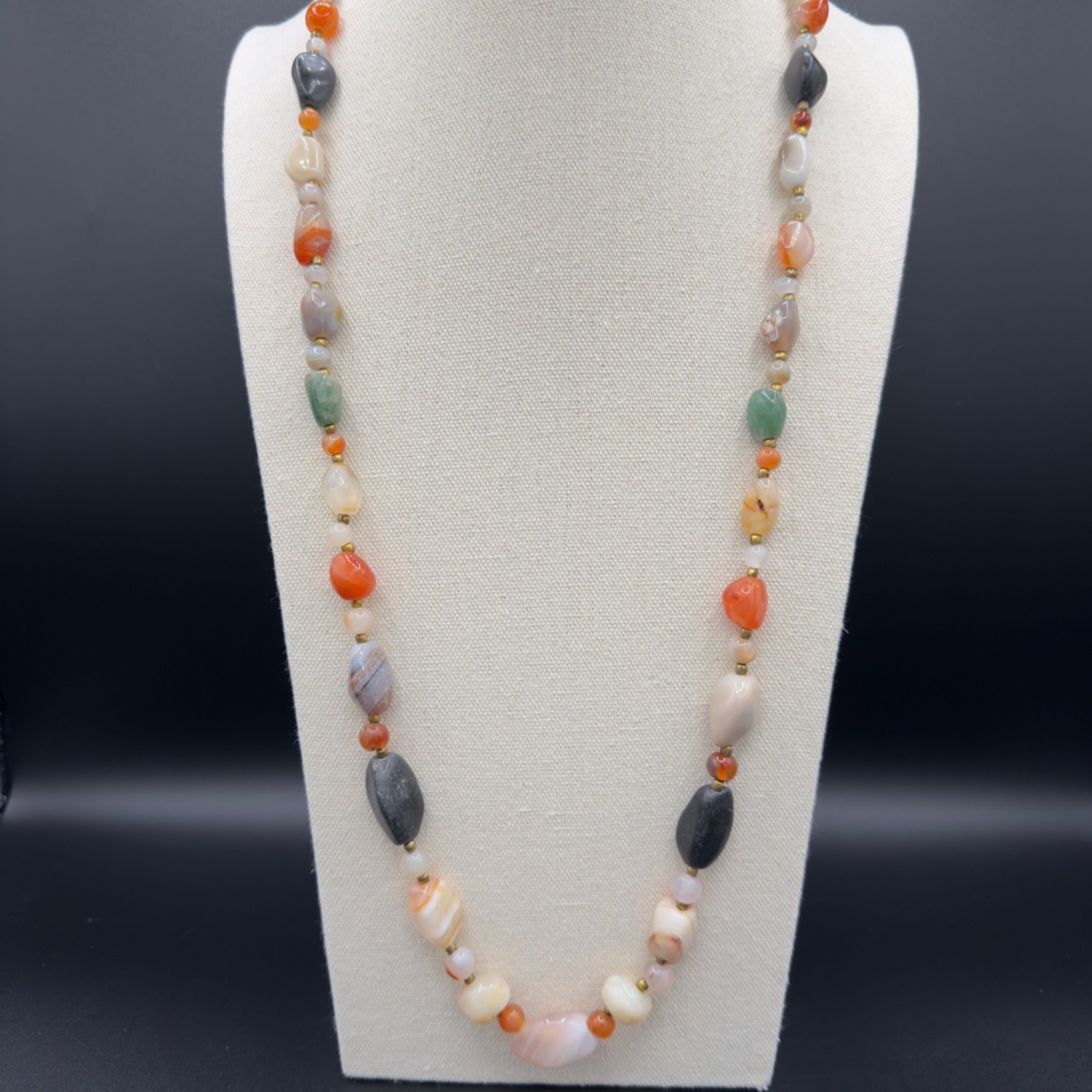 Vintage Beggars Bead Necklace Polished Stone Fall Colors Opera Length 32″