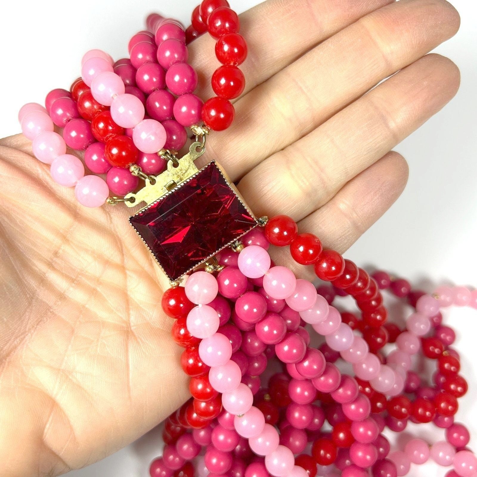 Hattie Carnegie Statement Bead Necklace Pink Red Multistrand 1950s Signed