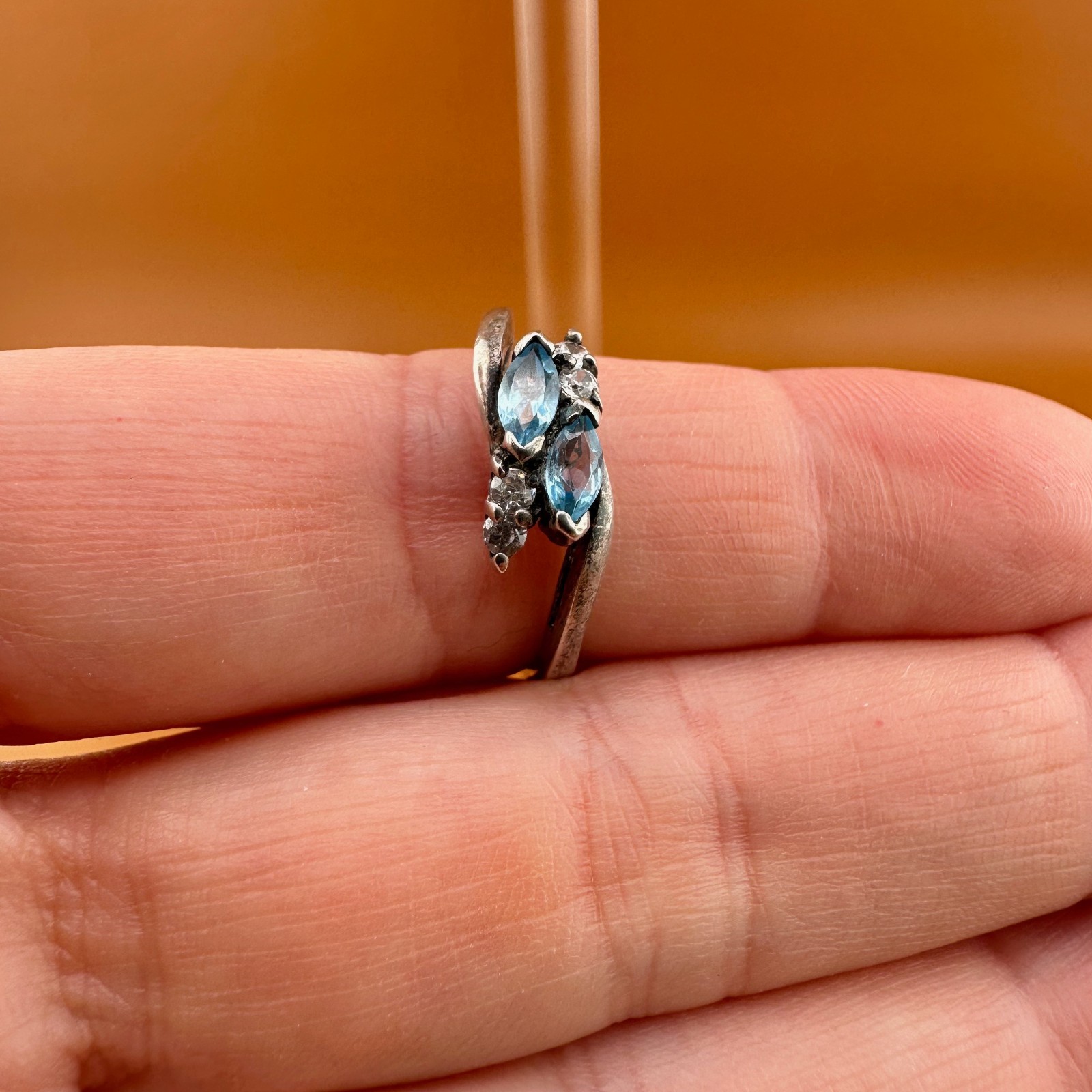 Vintage Sterling Silver Blue Topaz Ring Marquise Cut Dainty Size 6.75 Signed