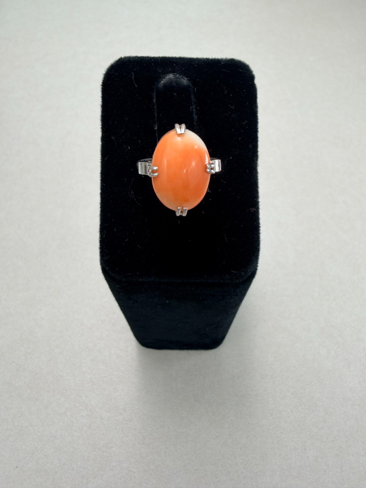 Art Deco Coral Cabochon Sterling Silver Ring Vintage Statement Size 4.25