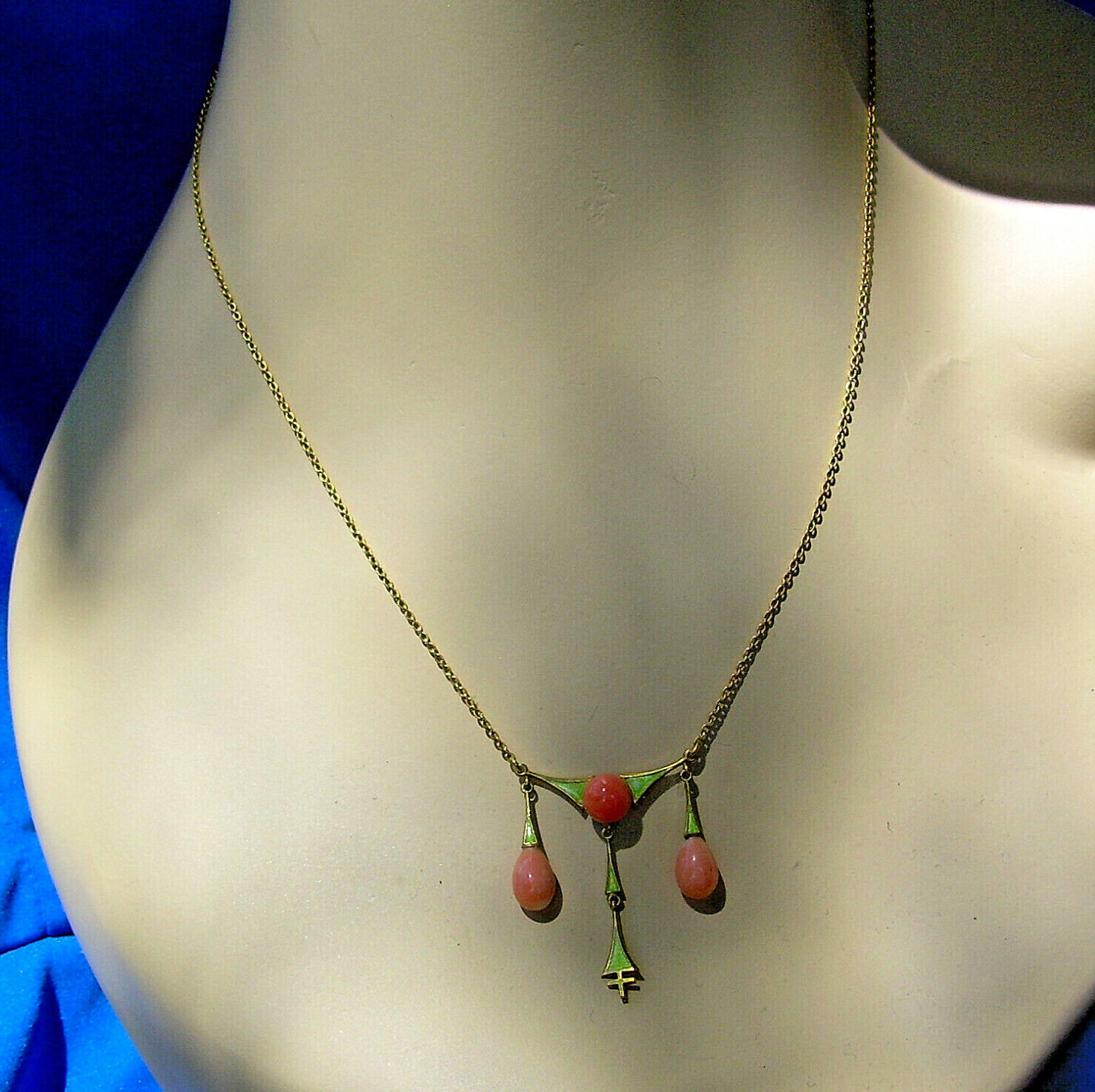 ORIGINAL Art Deco Coral Guilloche Enamel Necklace Solid 14K GOLD 18″ inch Chain