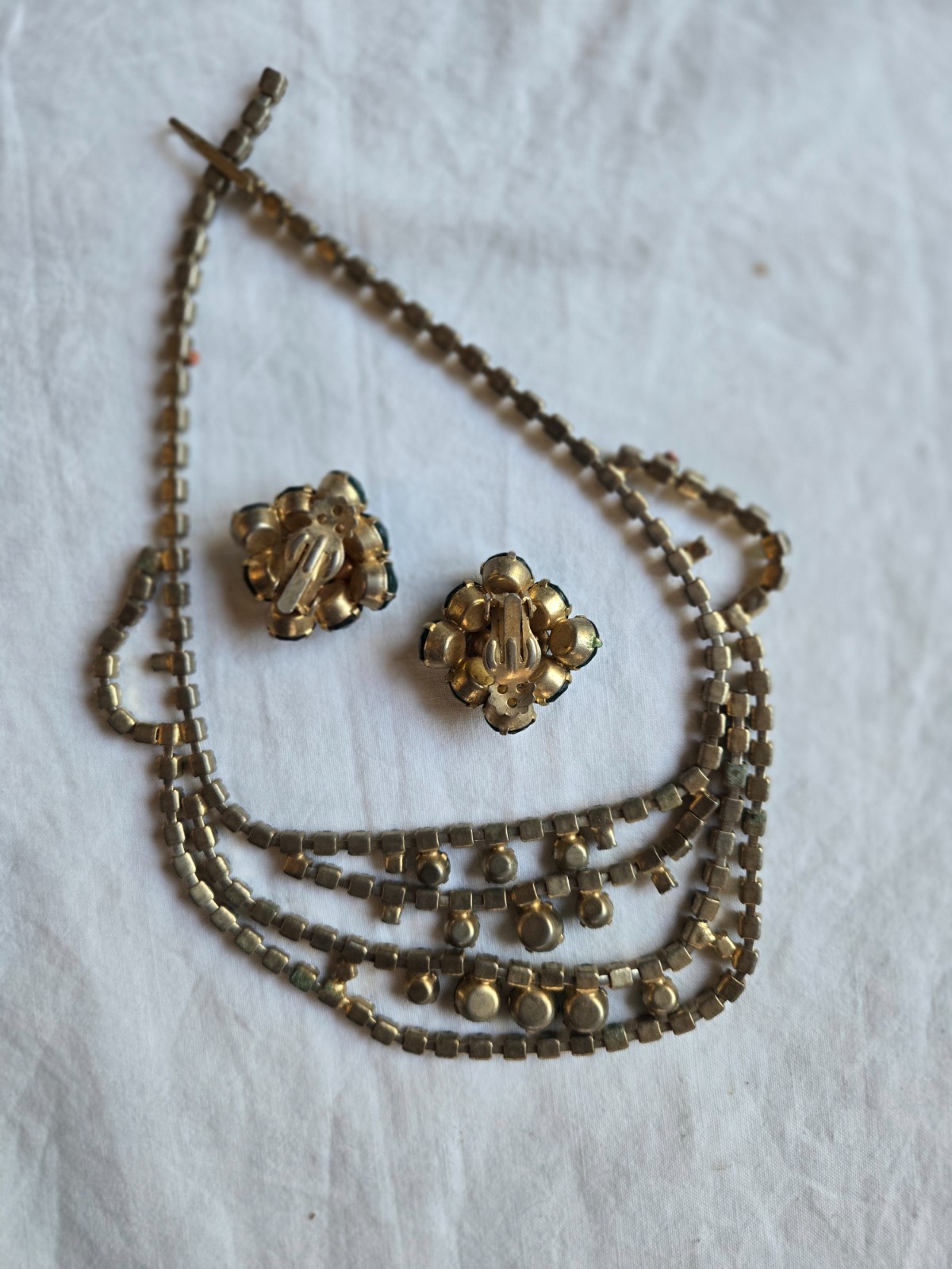 Vintage Emerald Green Rhinestone Festoon Costume Jewelry set # DD
