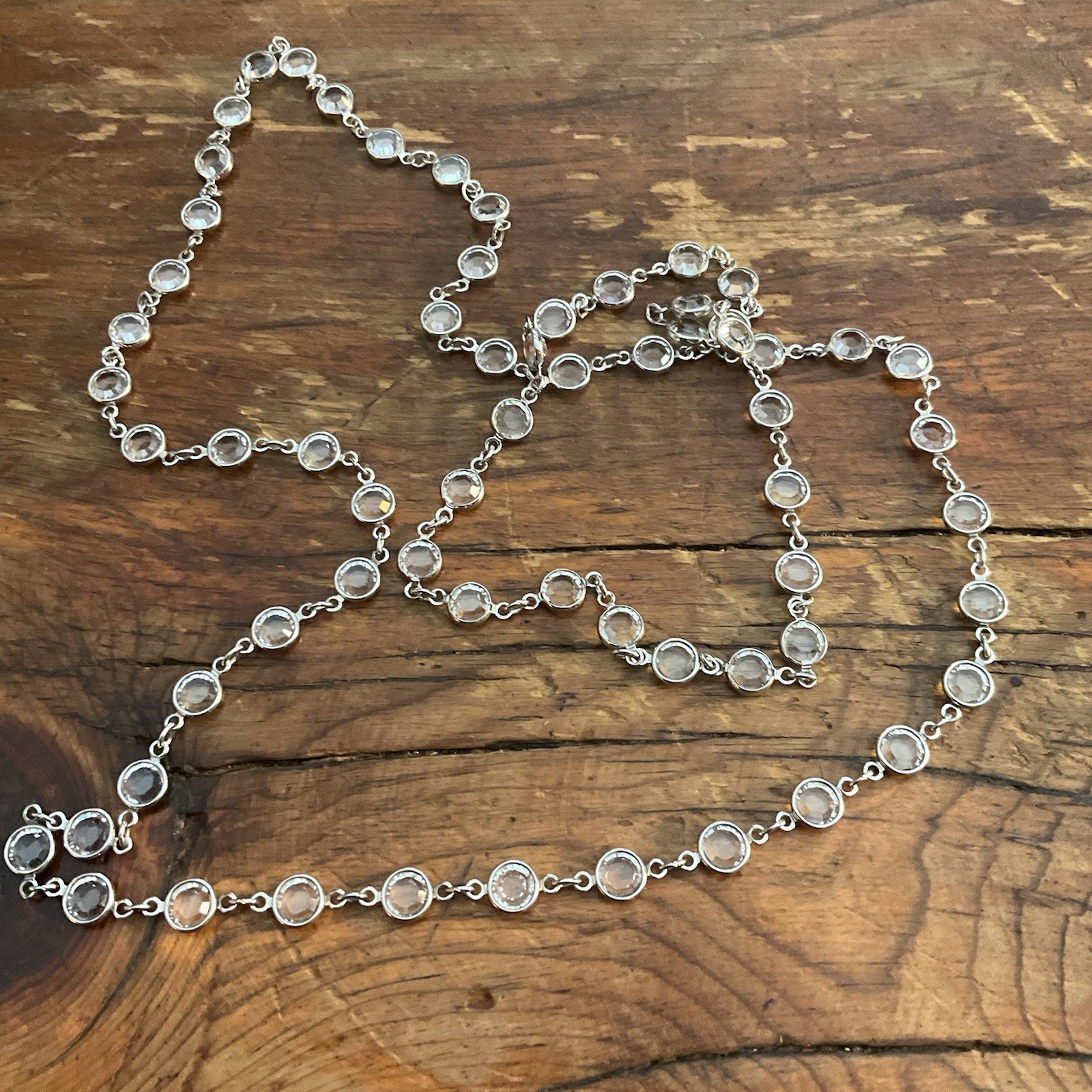 Vintage 36” Bezel Set Clear Austrian Crystal Open Back Discs Silver Tone