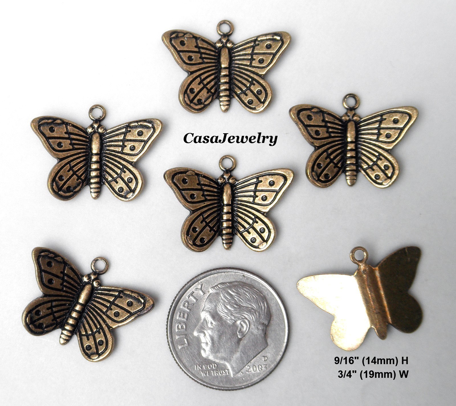 #0194 ANTIQUED GOLD SMALL DIE STRUCK BUTTERFLY W/TOP HANG RING – 6 Pc Lot