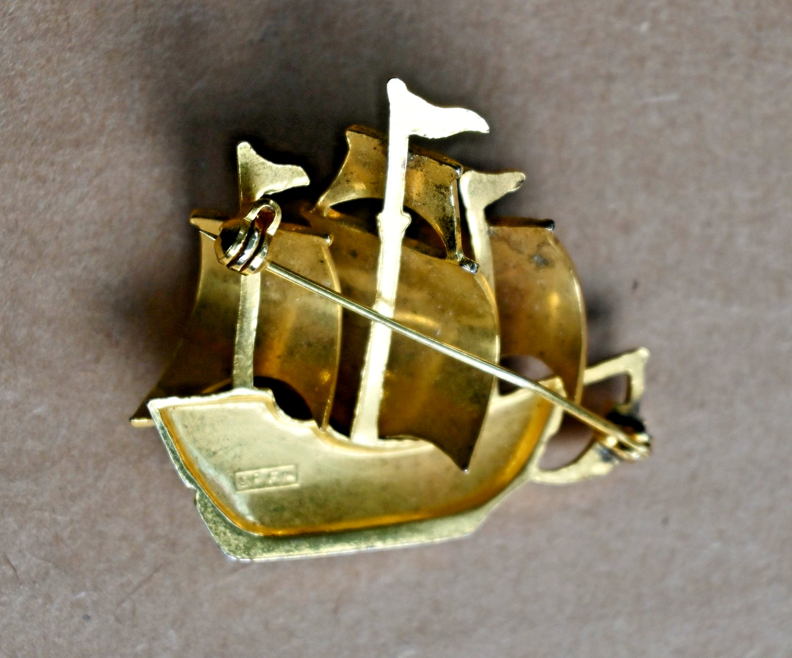 Spanish Galleon Sailing Ship Damascene Brooch Vintage Pin Enamel Made in Spain