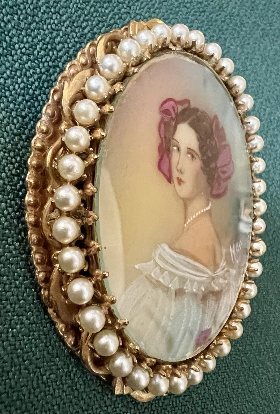 ORIGINAL BY ROBERT SIGNED HAND PAINTED PORTRAIT BROOCH FAUX PEARLS FRAMED SIGNED