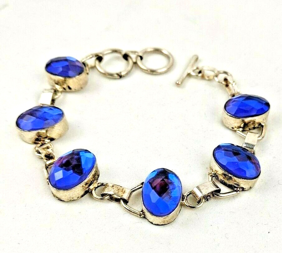 Sterling Silver Iridescent Purple Blue Faceted Stones Toggle Bracelet 7.5″ Adj