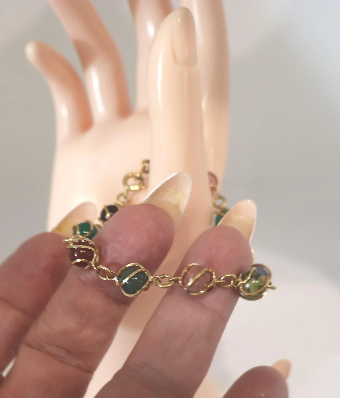 Vintage 12k Gold Filled Real Stone Bracelet Tigers Eye Carnelian Agate Jade
